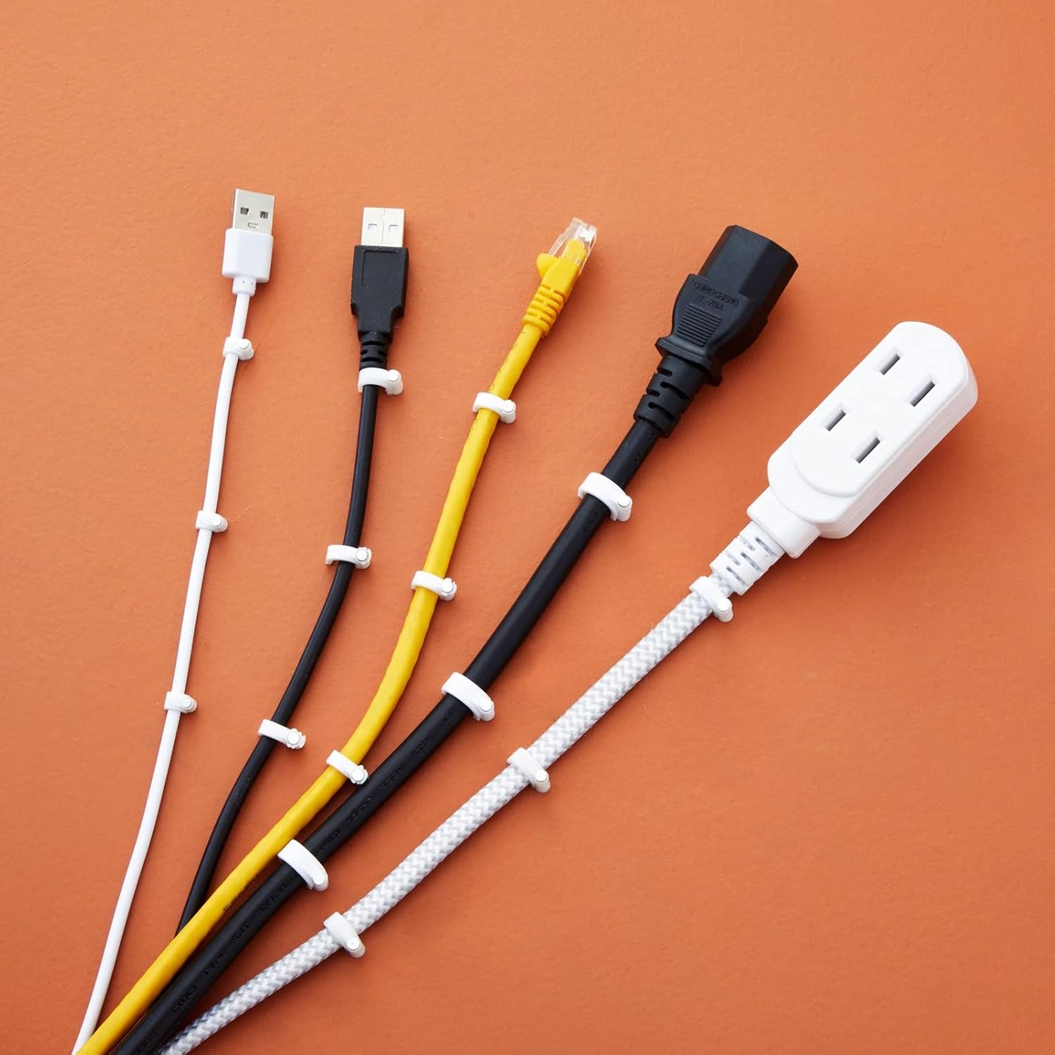 500-Pack Round Cable Wire Clips for Wall Mounting, Extension Cord Holders, and Cable Management Staples in 5 Sizes for RJ45 Ethernet Connectors, Nails Included (4mm, 6mm, 8mm, 10mm, 14mm, White)