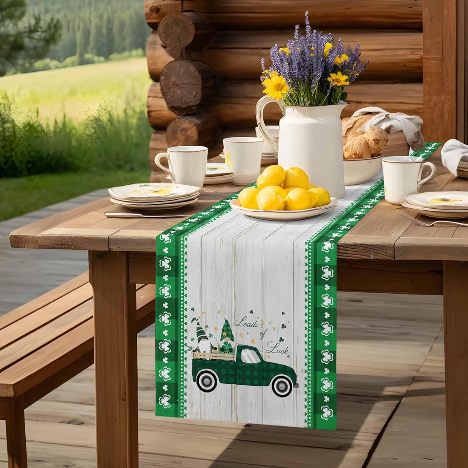Saint Patrick Table Runners 13x120 Inches Long Washable Gnome Little Truck Loads of Clover Wooden Plank Table Runner for Round Table Kitchen Coffee Dining End Table Living Room Use