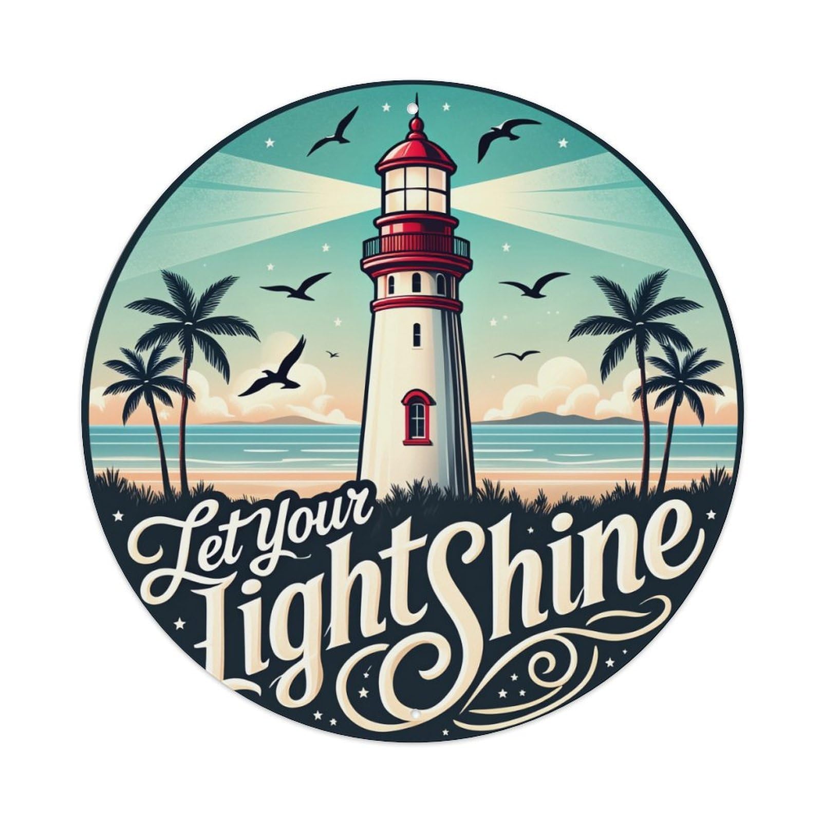 Jdfenggu Vintage Lighthouse Palm Trees Ocean Birds Sky Retro Metal Tin Sign, Metal Poster For Bar, Home, Man Cave, Kitchen, Laundry Room Art Decor 8X8 Inch