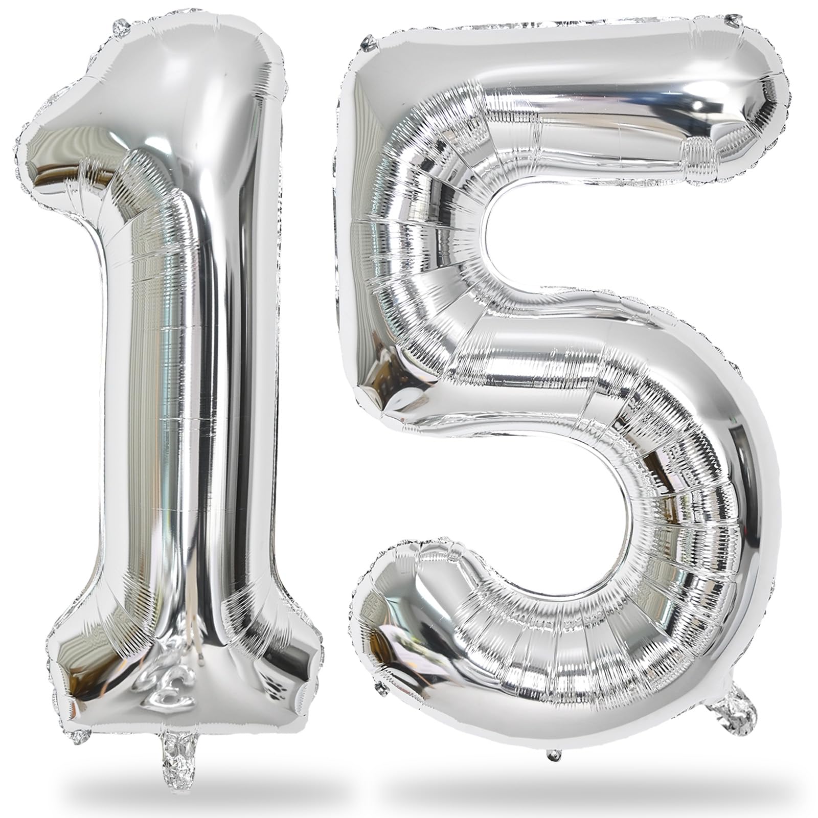 Number 15 Balloons Silver, Giant Number 1 & 5 Helium Foil Balloon for Girls 15th Birthday Decor, 40 Inch Self Inflating Mylar 15 Balloons Number for