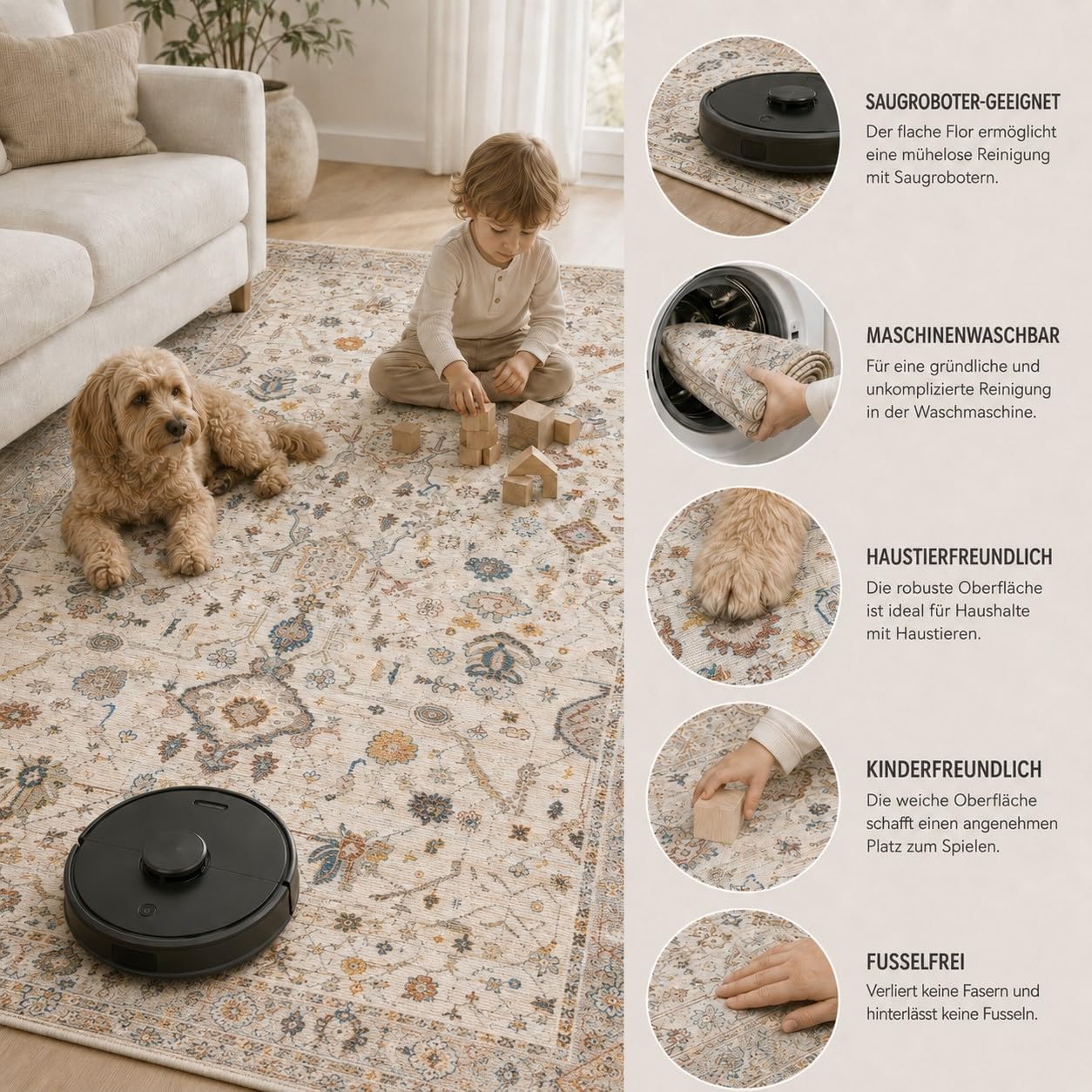 AIDA HOME Panare Teppich Beige Waschbar rutschfest Chenille Vintage Teppich 200 x 300 cm