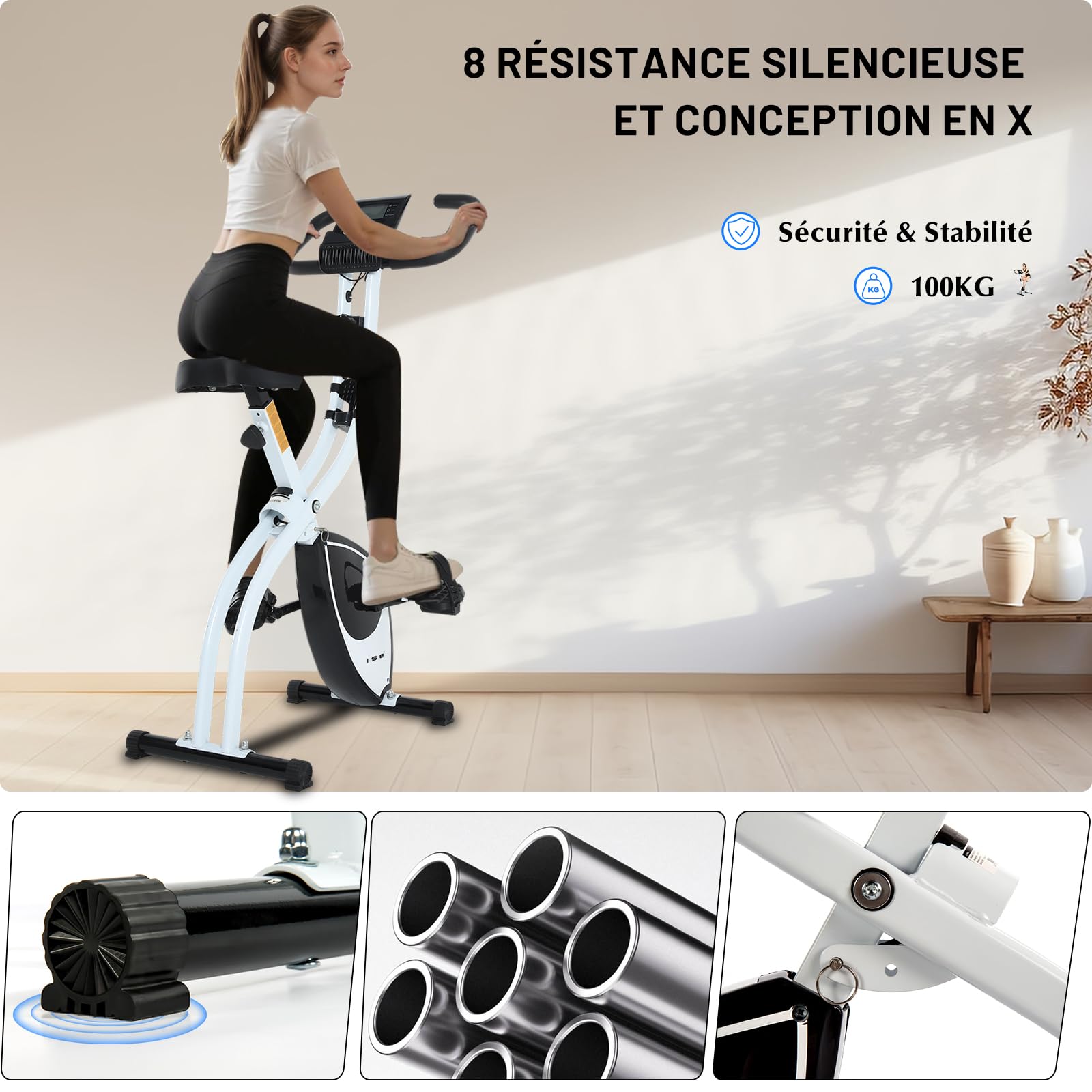 ISE Mini Vélo d'Appartement Pliable, 8 Niveaux Résistance Magnétique, Ecran LCD, Capteur de Fréquence Cardiaque, Blanc