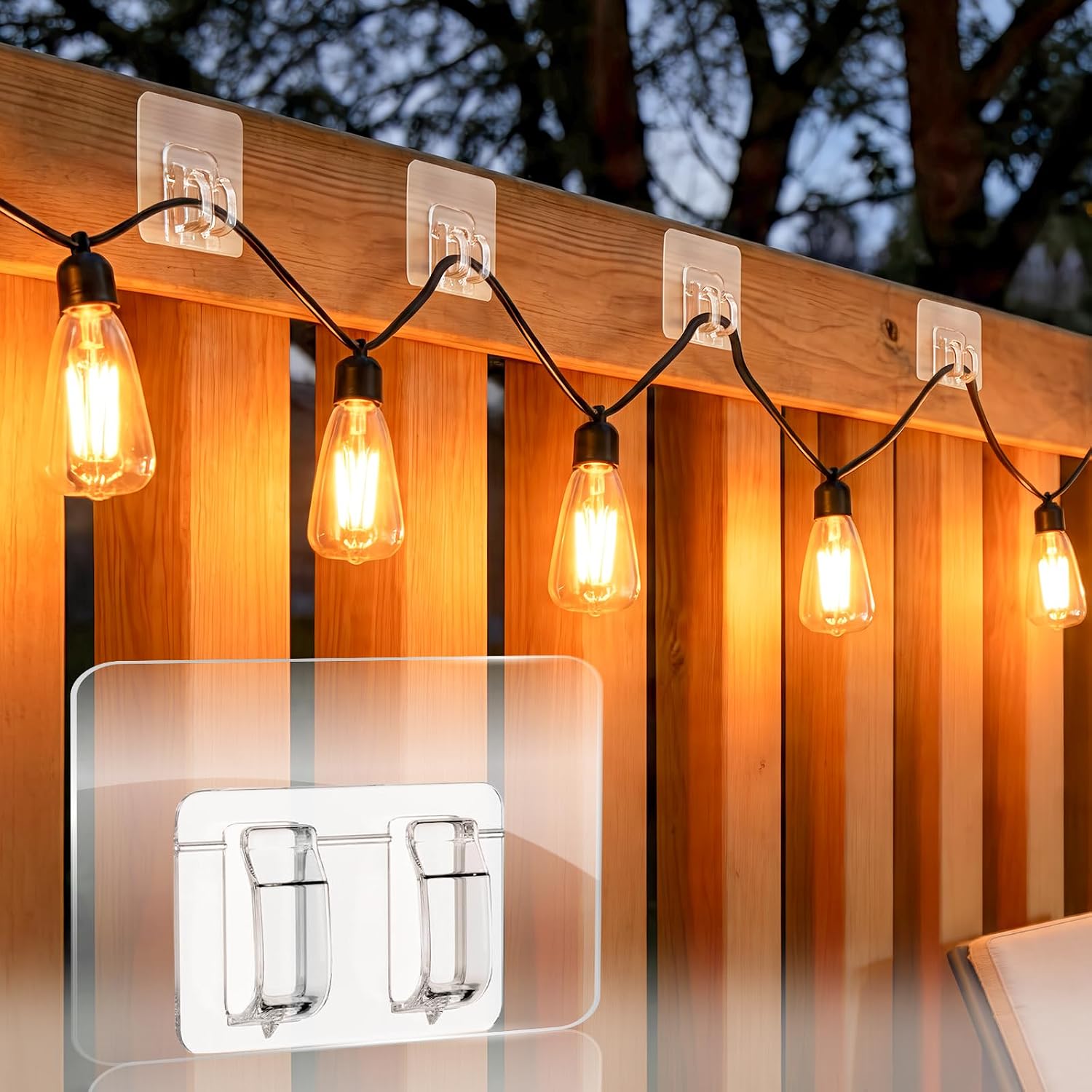 JMEXSUSS Hooks for Outdoor String Lights Clips: 50Pcs Heavy Duty Hooks with Waterproof Adhesive Strips, UV-Resistant Outside Transparent Clips for Hanging Christmas Lights, No Drill