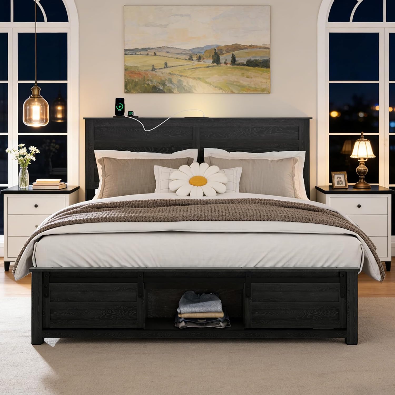 Wooden Full Size Bed Frame with Headboard,Farmhouse Wood Storage Bed Frame Full with Sliding Barn Door Footboard/LED Light/Charging Station,No Box Spring Needed,Easy Assembly,Black