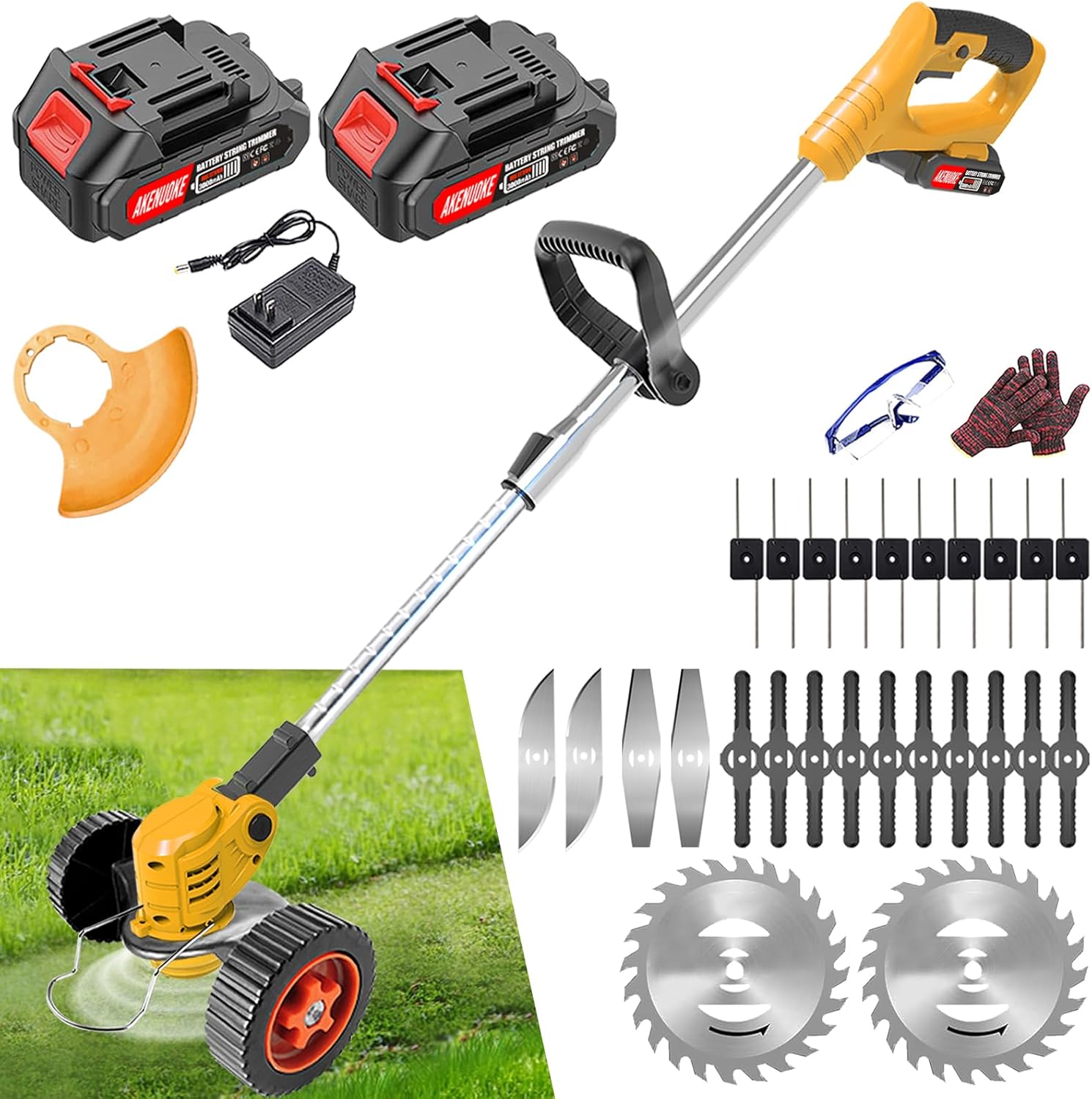 Electric Weed Wacker Cordless, 21V Battery Powered Weed Wacker Eater with 2 2.0Ah Battery Operated & 26 Blades & Wheels, 3 in 1 No String Power Grass Weed Trimmer Brush Cutter Edger for Yard Garden Orange