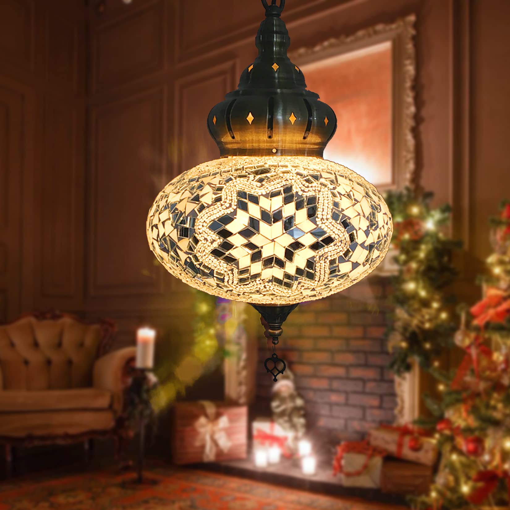 BOTOWI (12 Colors) Hanging Ceiling Mosaic Lamp Light Chandelier, Turkish Moroccan Pendant Lights, Multicolor Decorative Colorful Glass Globe Fixtures Living Room Bedroom Home Decor,beige