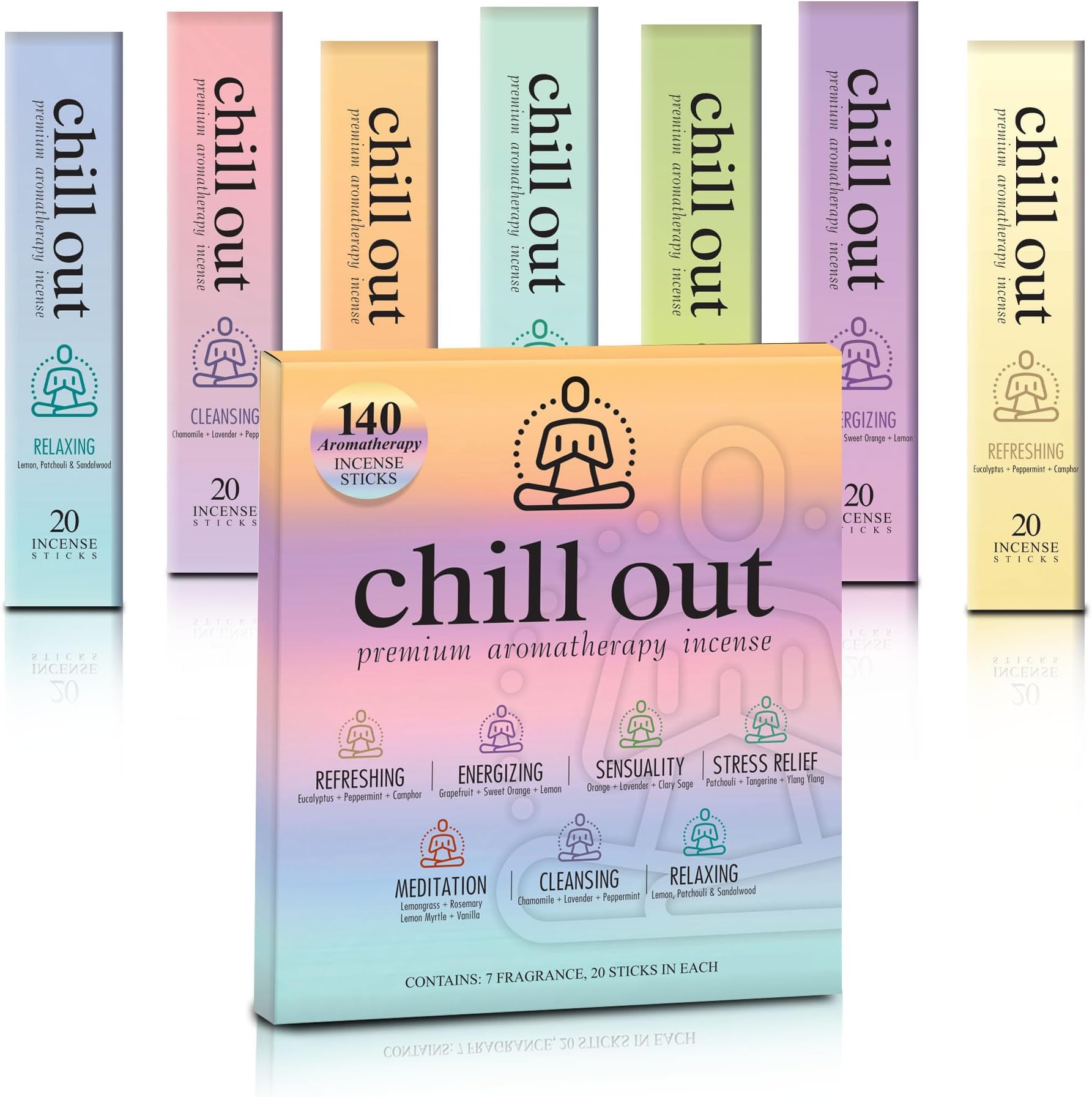 Mecka Chill Out Aromatherapy Incense Sticks Gift Set | Set of 7 Unique Scents- 140 Insence-Sticks for Yoga, Relaxation, Meditation & Positivity | Premium Organic and Slow Burning Insenses