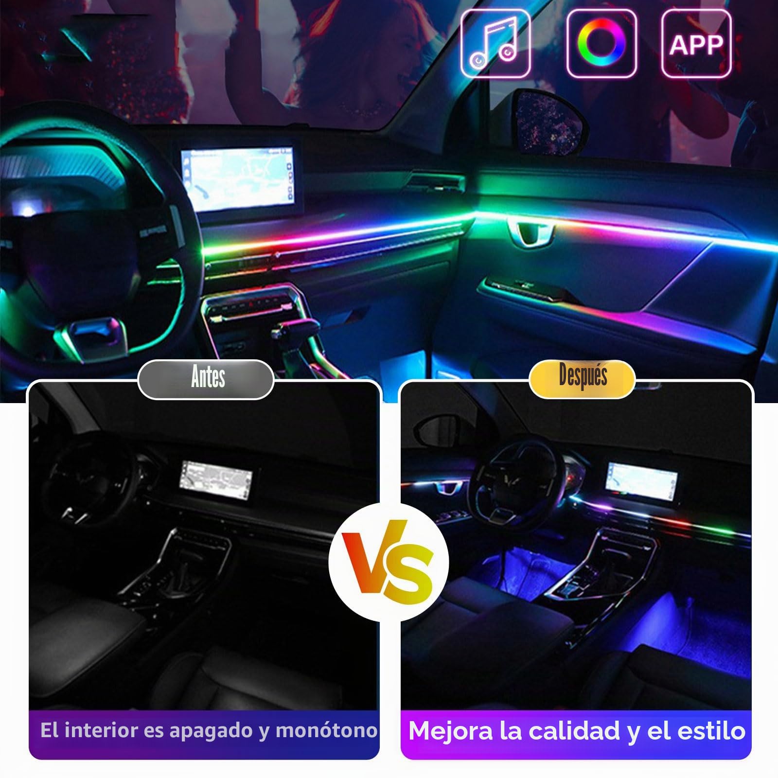 Iluminación interior LED para coche, tira de iluminación ambiental acrílica para coche, con 593 LEDs, kit de iluminación ambiental de fibra óptica, 16 millones de colores, función activa de sonido
