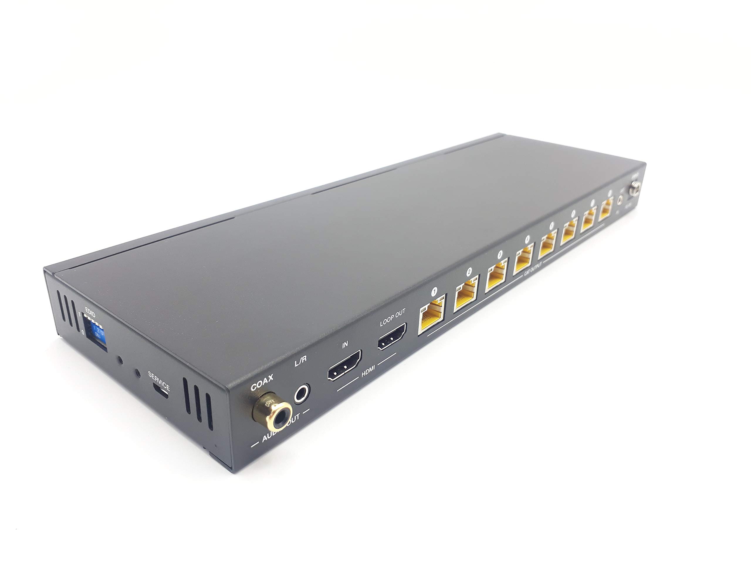 Répartiteur HDMI FOURKAY 1x8 sur Ethernet Cat6 avec 8 récepteurs PoC et Sortie en Boucle HDMI. Transmettez 4K60Hz jusqu'à 35 m ou 1080p à 60 m. Extraction Audio. Retour du Signal de contrôle IR