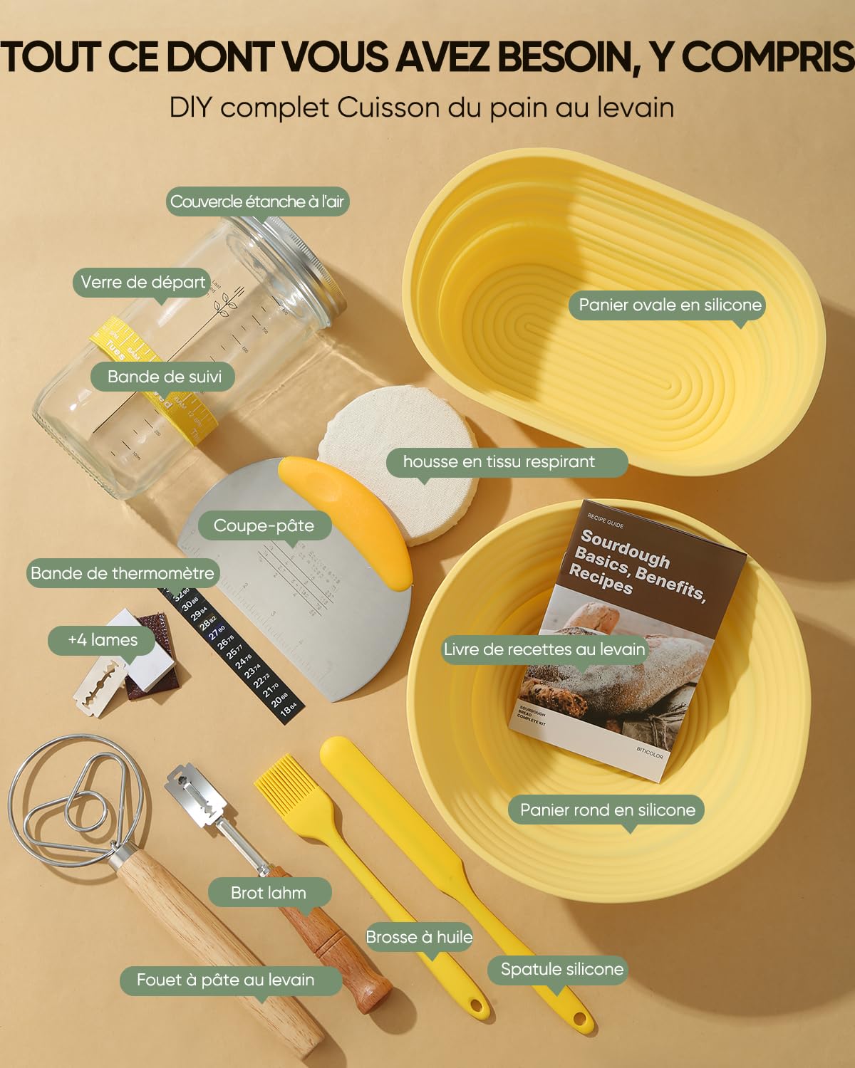 Banneton pour Pain,2 Corbeille a Pain set en Silicone Ovale et Rond,1000ml Bocal de Fermentation,Kit de Démarrage de Sourdough