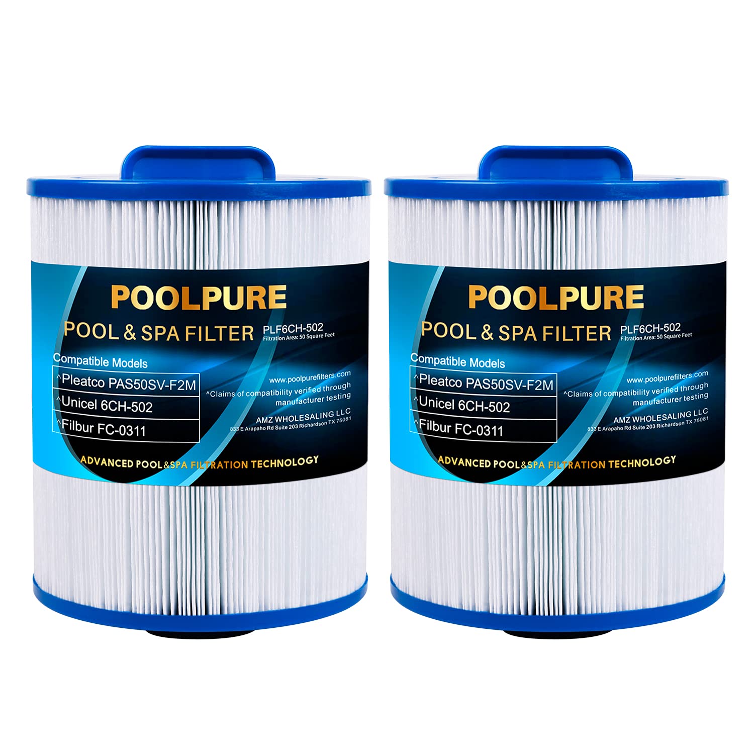 POOLPURE Replacement Spa Filter for PAS50SV-F2M, Unicel 6CH-502, Filbur FC-0311, Philter 60506, Excel Filters XLS-604, Baleen AK-90161, Magnum AR50, Master Deluxe M60506 Hot Tub Filter 2PACK