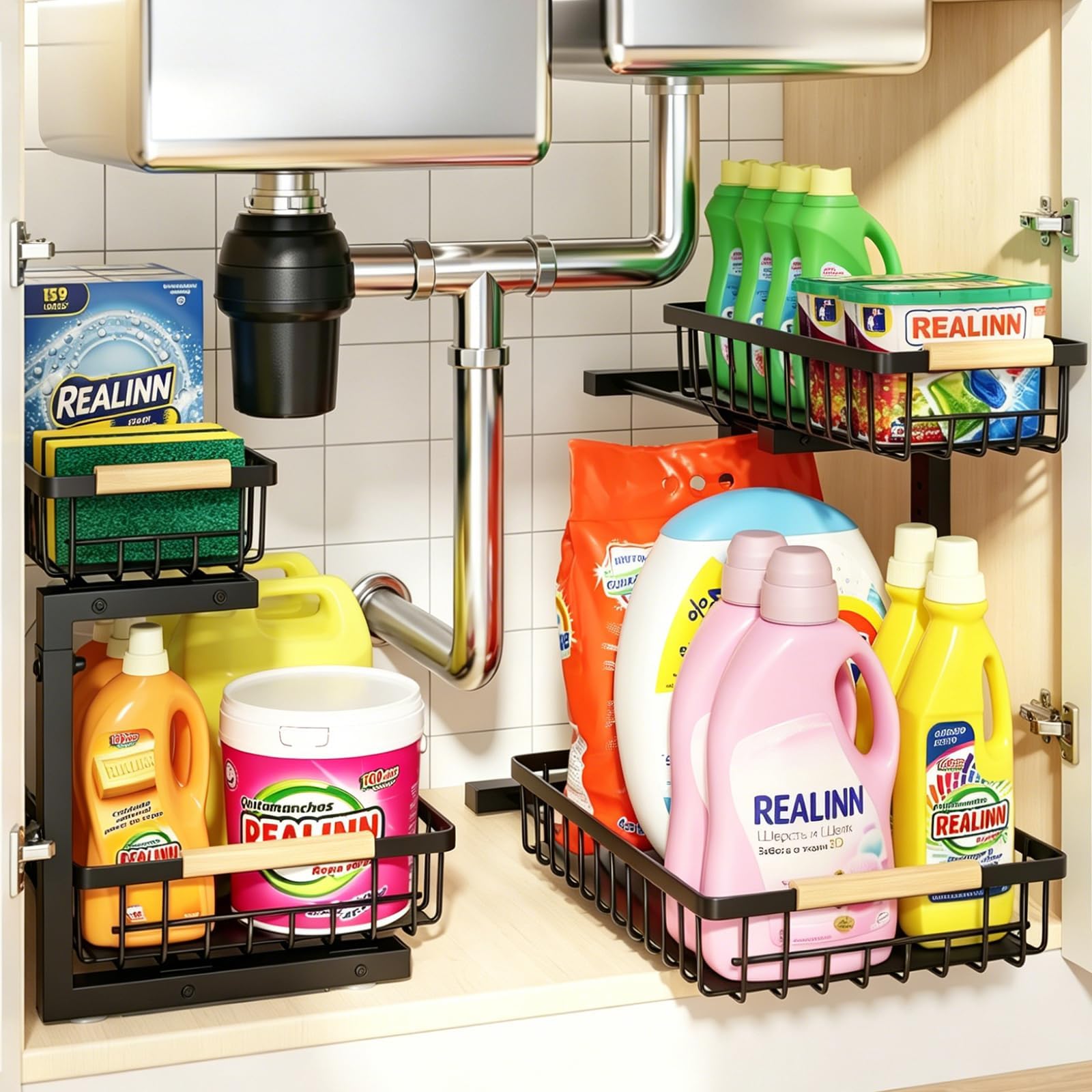- REALINN Under Sink Organizer, 2 Pack Height Adjustable Under Sink Organizers and Storage, 2 Tier Pull Out Drawer Cabinet Storage for Kitchen Bathroom