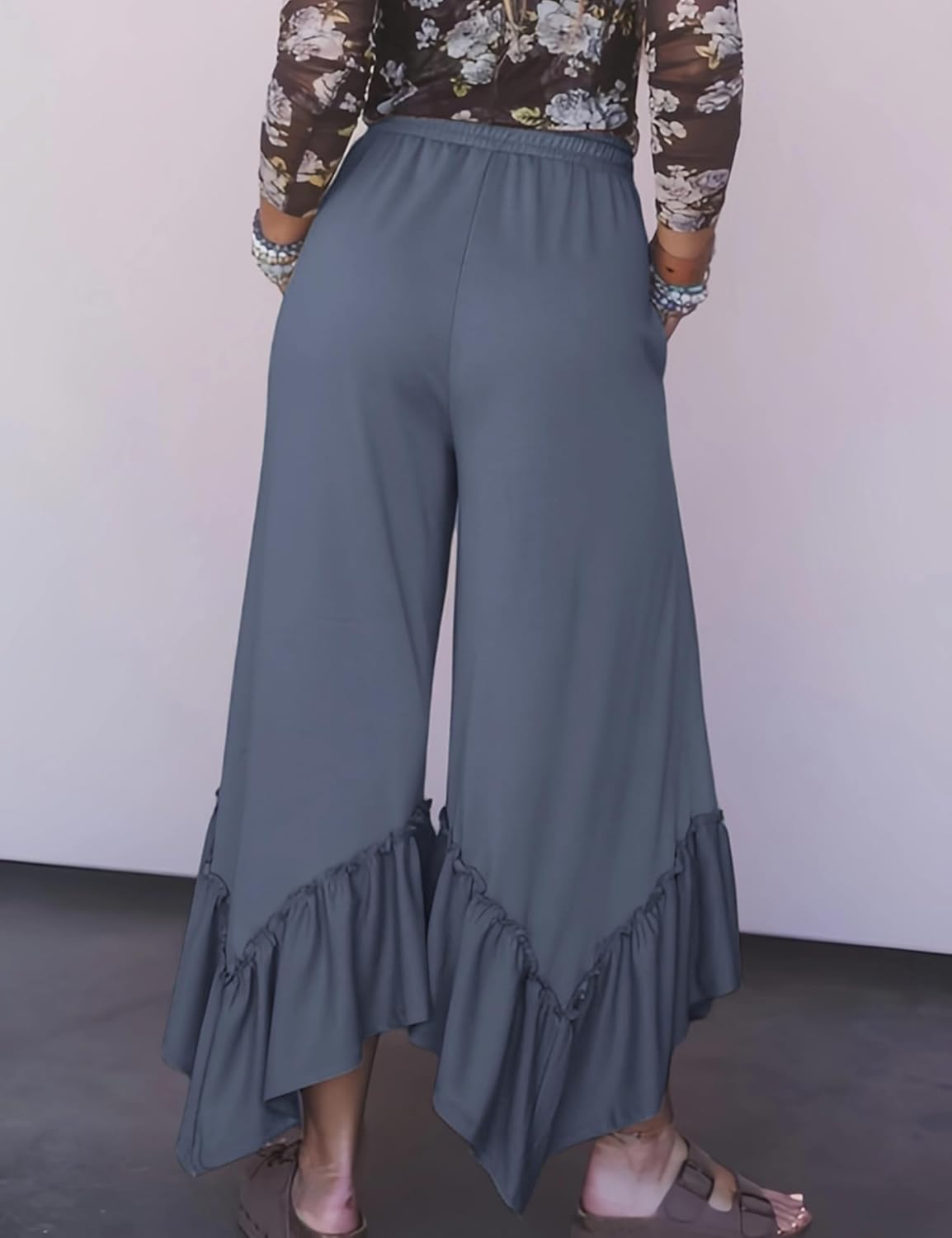 Womens Wide Leg Palazzo Pants Baggy Lounge Ruffled Hem Adjustable Drawstring Culotte Trousers with Pockets(Bluegrey-S) - Image 4
