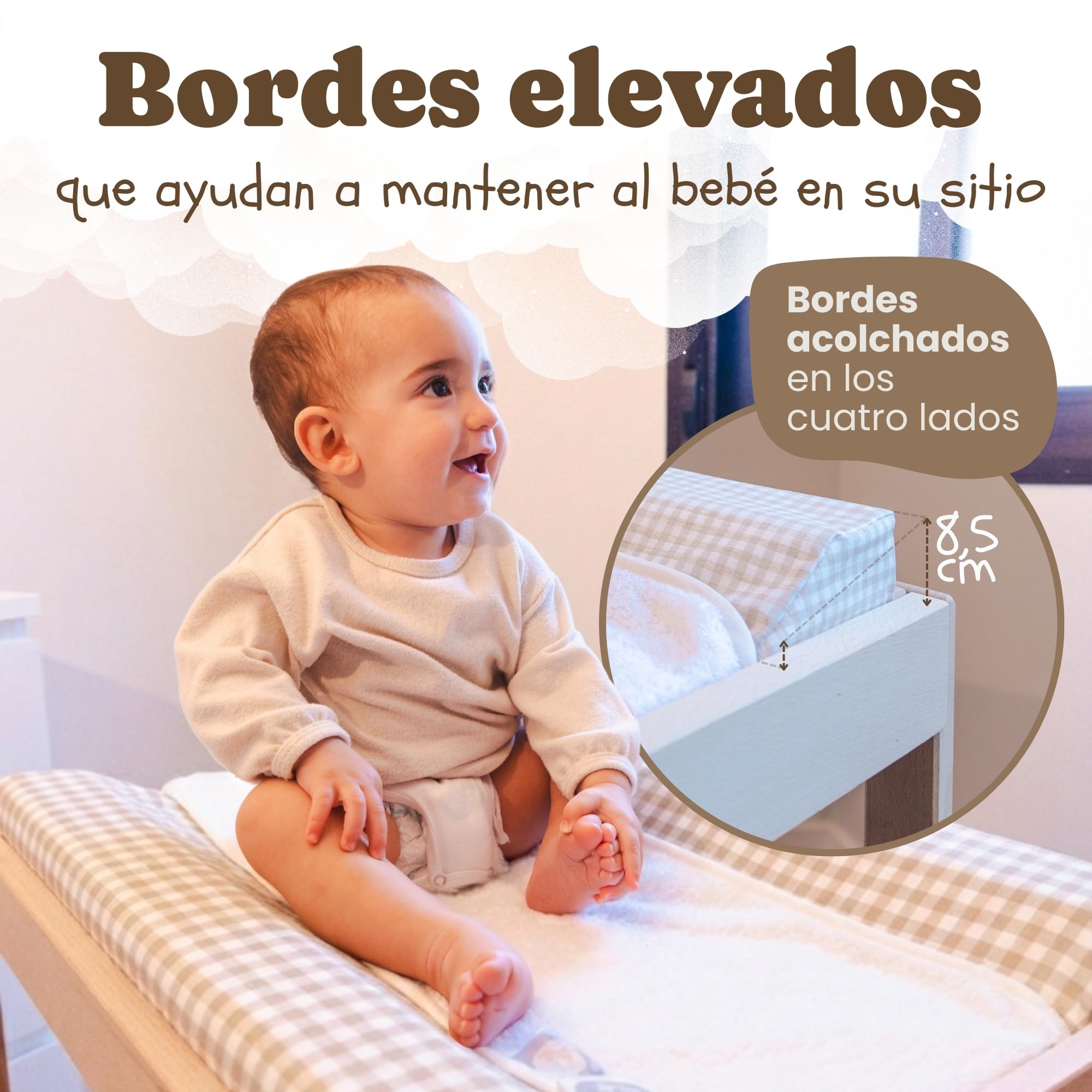 Funny Baby | Colchoneta Cambiador Bebé Impermeable 53x80 cm – Espuma Acolchada con Bordes Elevados, Funda Lavable y Toalla de Rizo – Cambiador para Cómoda Diseño Vichy Lino