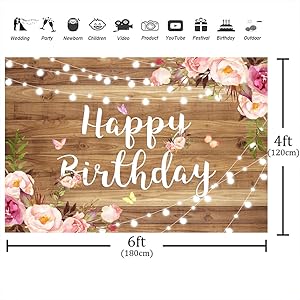 Aperturee 6x4ft Pink Floral Happy Birthday Backdrop Butterfly Wooden Floor Watercolor Flowers Girls Women Photography Background Banner Cake Table Supplies Party Decoration Photo Booth Props Banner