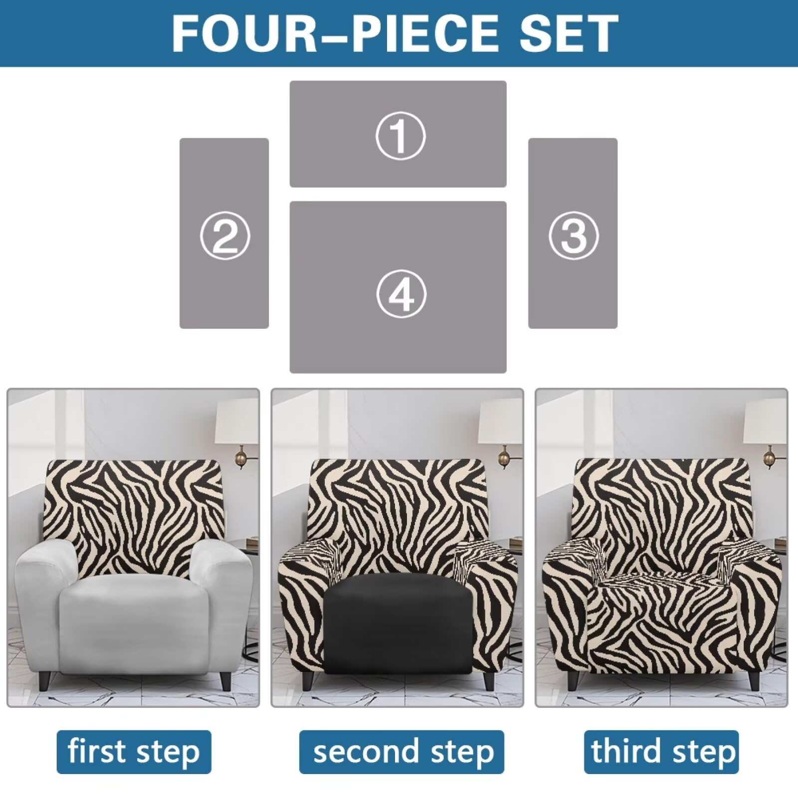 Housse de fauteuil inclinable à imprimé zèbre avec poche ajustée pour fauteuil relax Lazyboy pour décoration d'intérieur