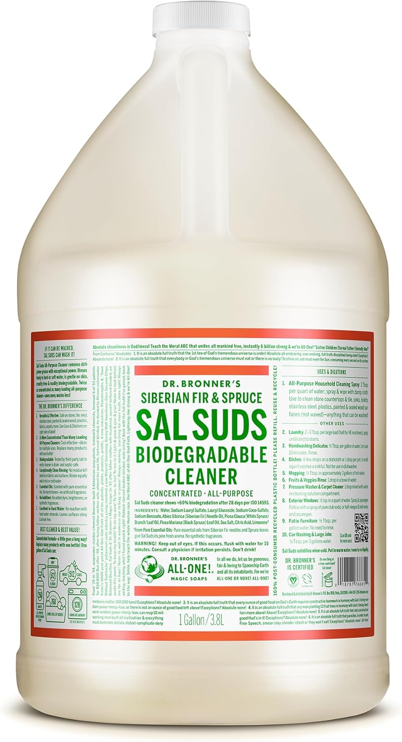 Dr. Bronner’s – Sal Suds Biodegradable Cleaner (1 Gallon) – All-Purpose Cleaner, Pine Cleaner for Floors, Laundry and Dishes, Concentrated, Cuts Grease and Dirt, Powerful Cleaner