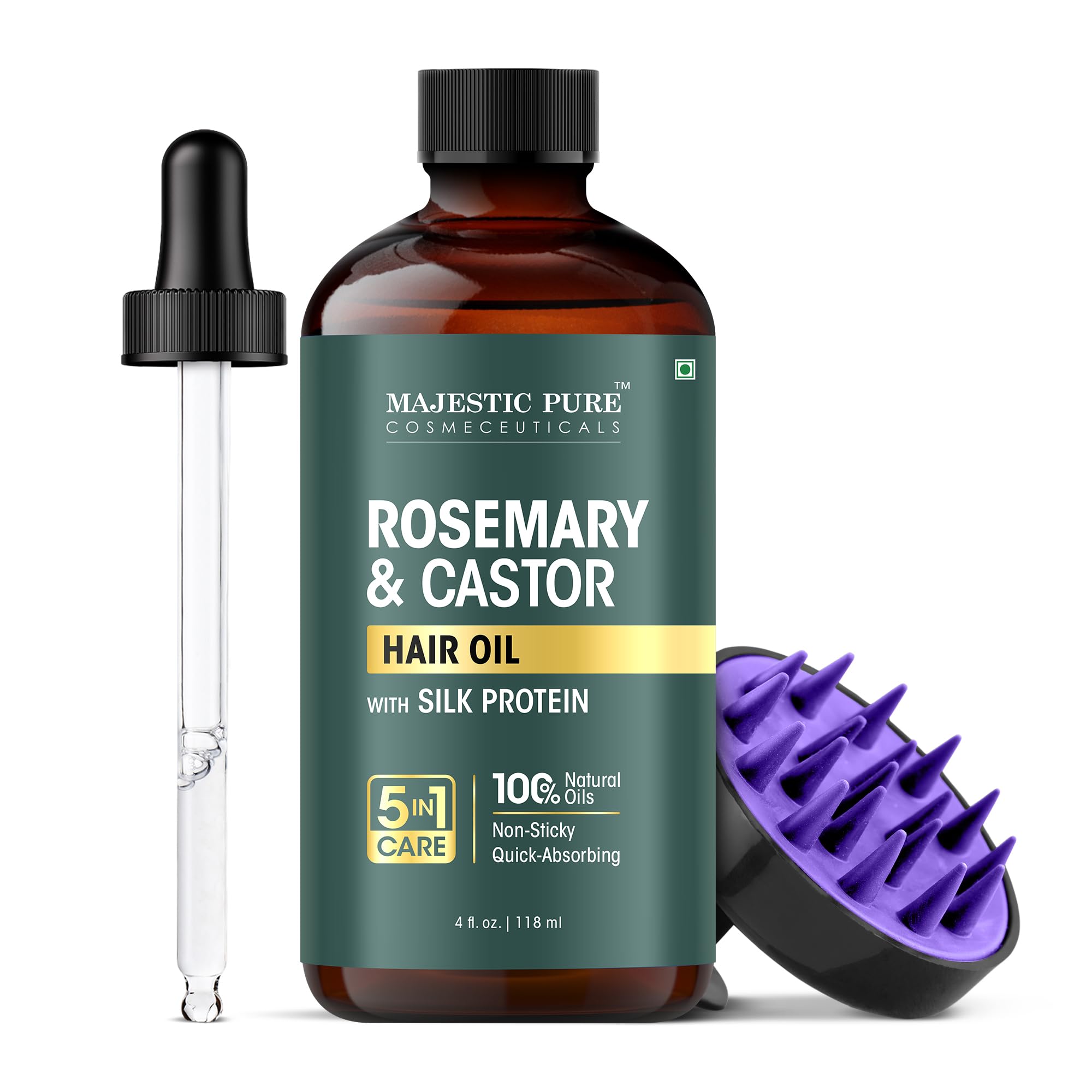 Majestic Pure 100% Pure Rosemary Oil For Hair Growth with Scalp Massager - Strengthening, Nourishing, Volumizing - Infused with Silk Protein & Castor