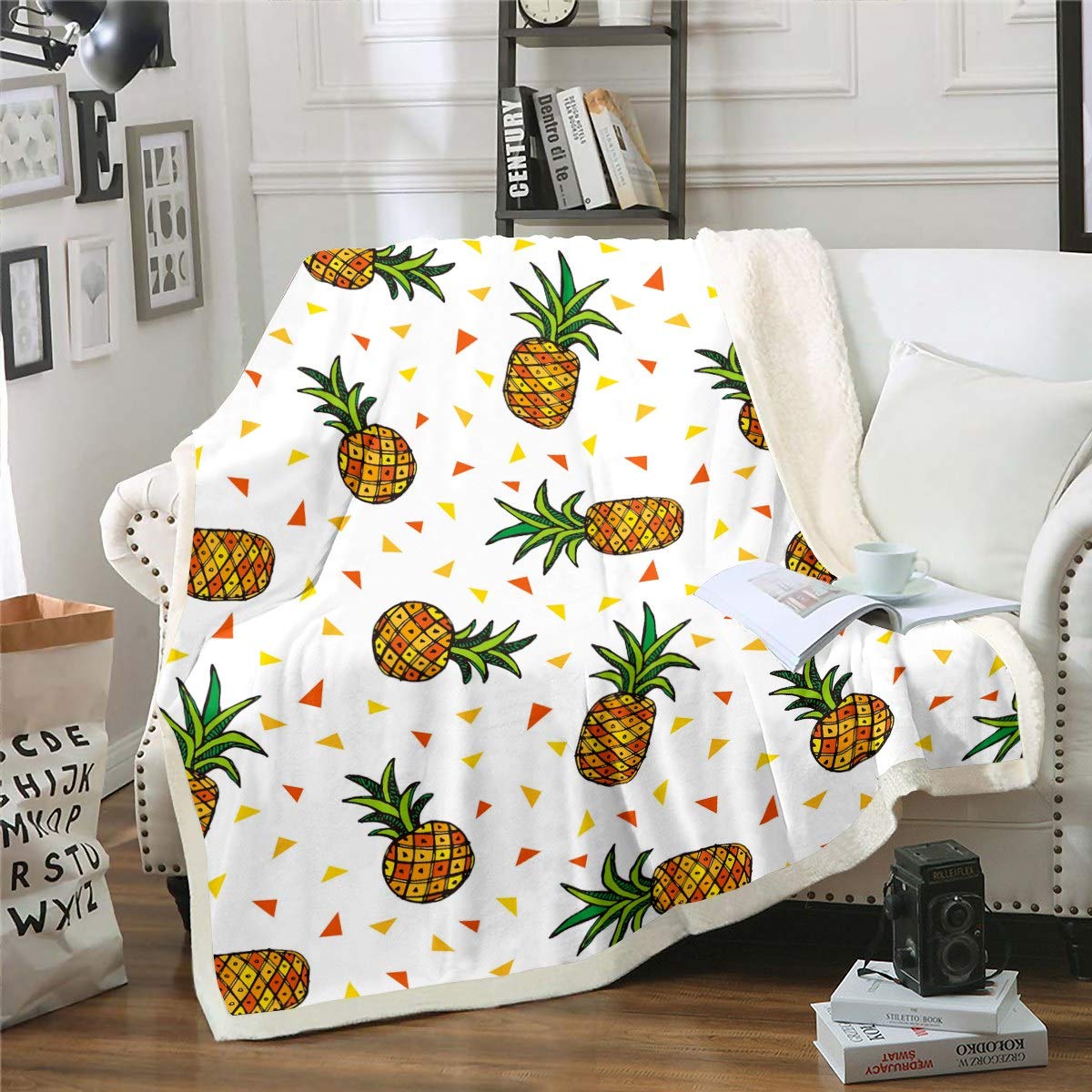 Pineapple Fleece Throw Blanket Tropical Fruit Print Sherpa Blanket for Kids Boys Girls Triangle Geometric Summer Beach for Sofa Bed Couch King 87x94 Inch — image 1