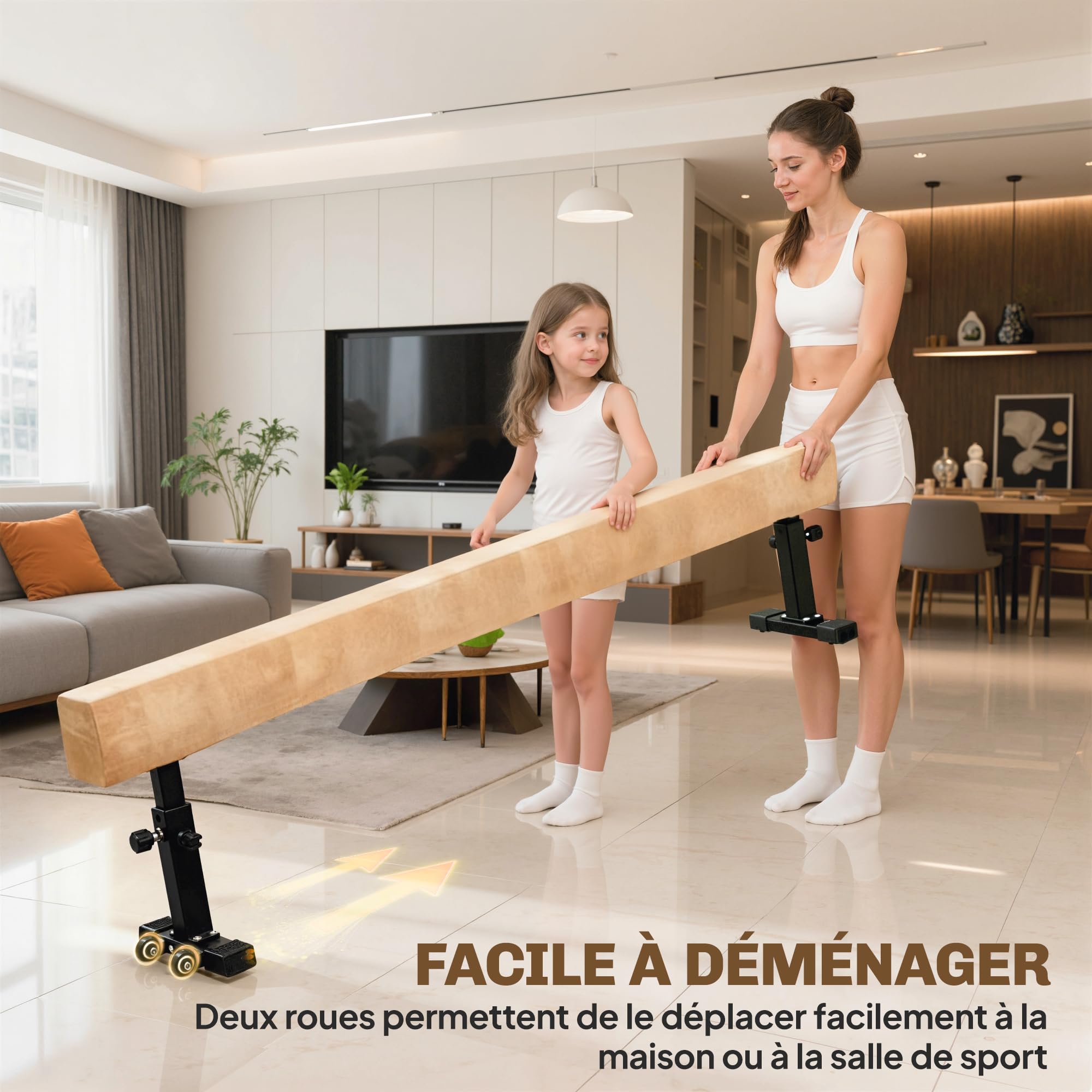 HOMCOM Poutre de Gymnastique 226 cm Antidérapant, Hauteurs Réglables, Poutre d'Équilibre avec roulettes, en Acier et Bois Massif, pour Entraînement à l'Équilibre, Marron