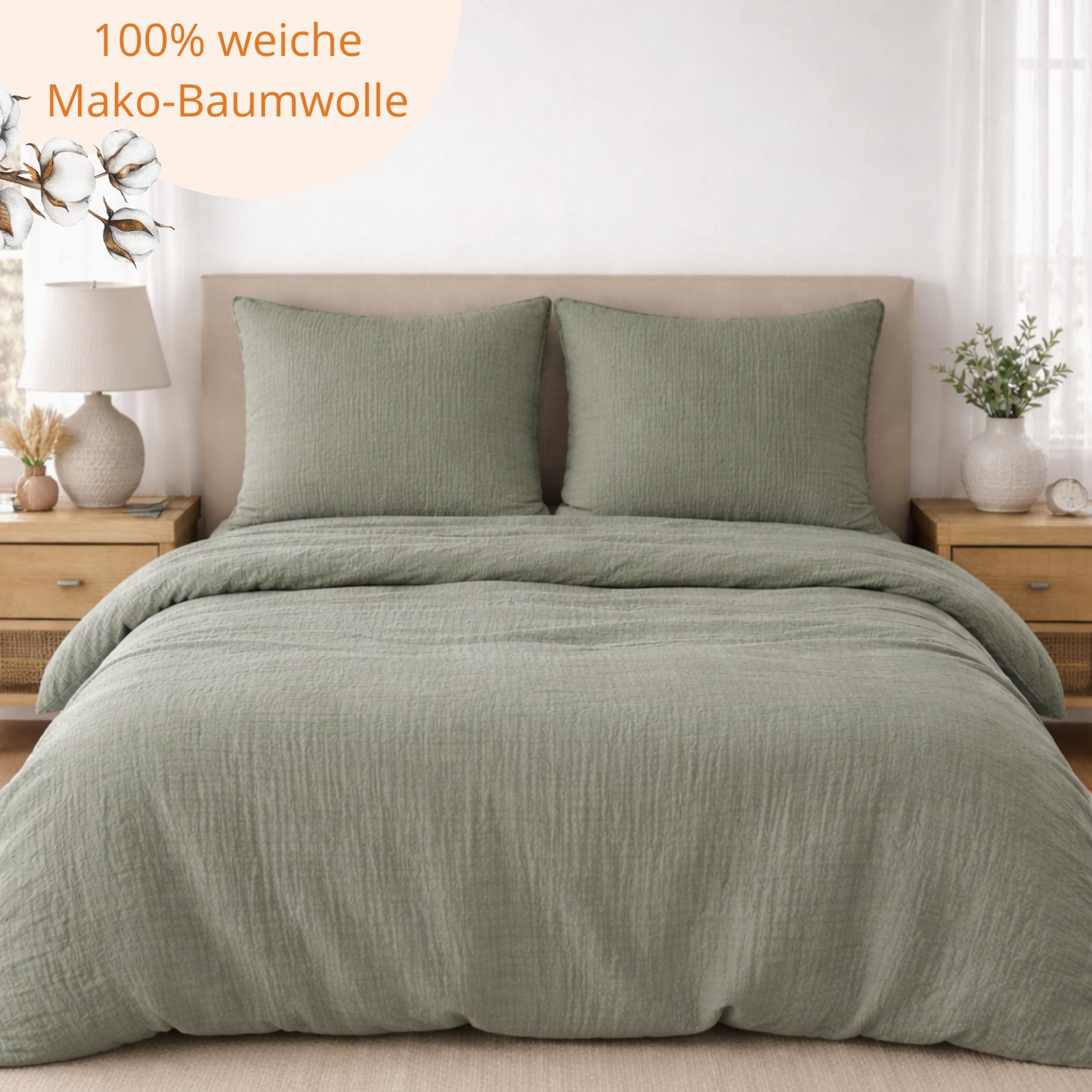 sleepling Musselin Bettwäsche, 155x220 cm + 80x80 cm, Olive Grün | Bettbezug + Kissenbezug, 100% Baumwolle, Extra weiche Sommerbettwäsche, Made in EU, OEKO-TEX, Waschbar bis 60 Grad
