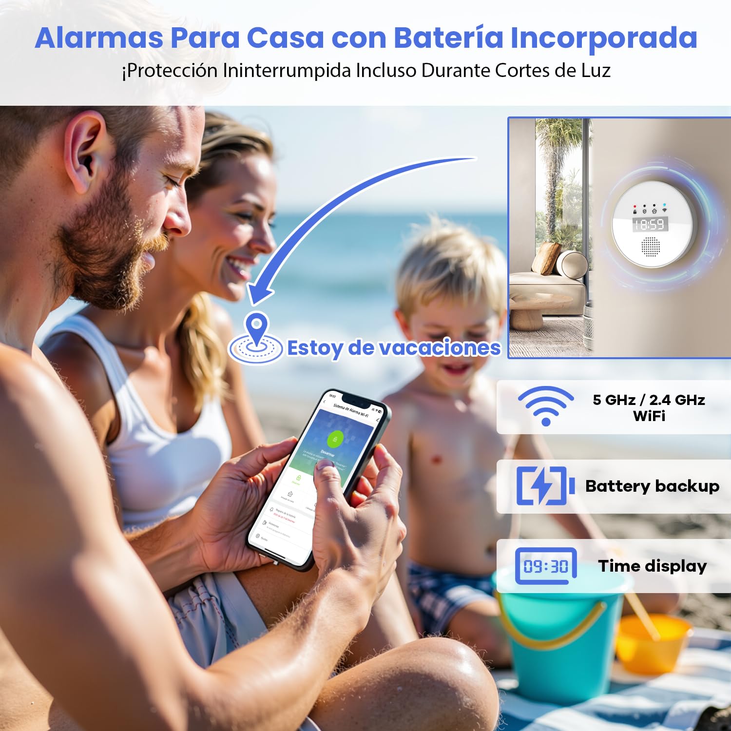 YISEELE Kit Alarma casa 5 GHz Wi-Fi: con Reloj y App Gratis - Completo 1 Sirena 125dB - 1 PIR Anti-Mascotas - 10 Sensores Puerta/Ventana - 2 Mandos - 1 Central - Compatible con Alexa y Google Home