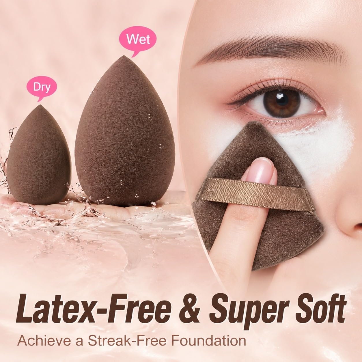 Ensemble de pinceaux de maquillage et d'éponges pour débutants, pinceaux cosmétiques synthétiques avec houppettes triangulaires, mini éponges, bandeau de spa et bracelets de lavage pour le maquillage