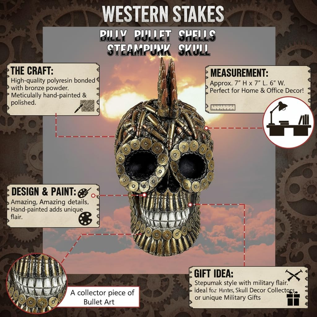 Urbalabs Billy Bullet Shells Steampunk Skull Mohawk Cartridge Casings Skull Statue Skeleton Head Figurine Hunting Skull Decor Bullet Art