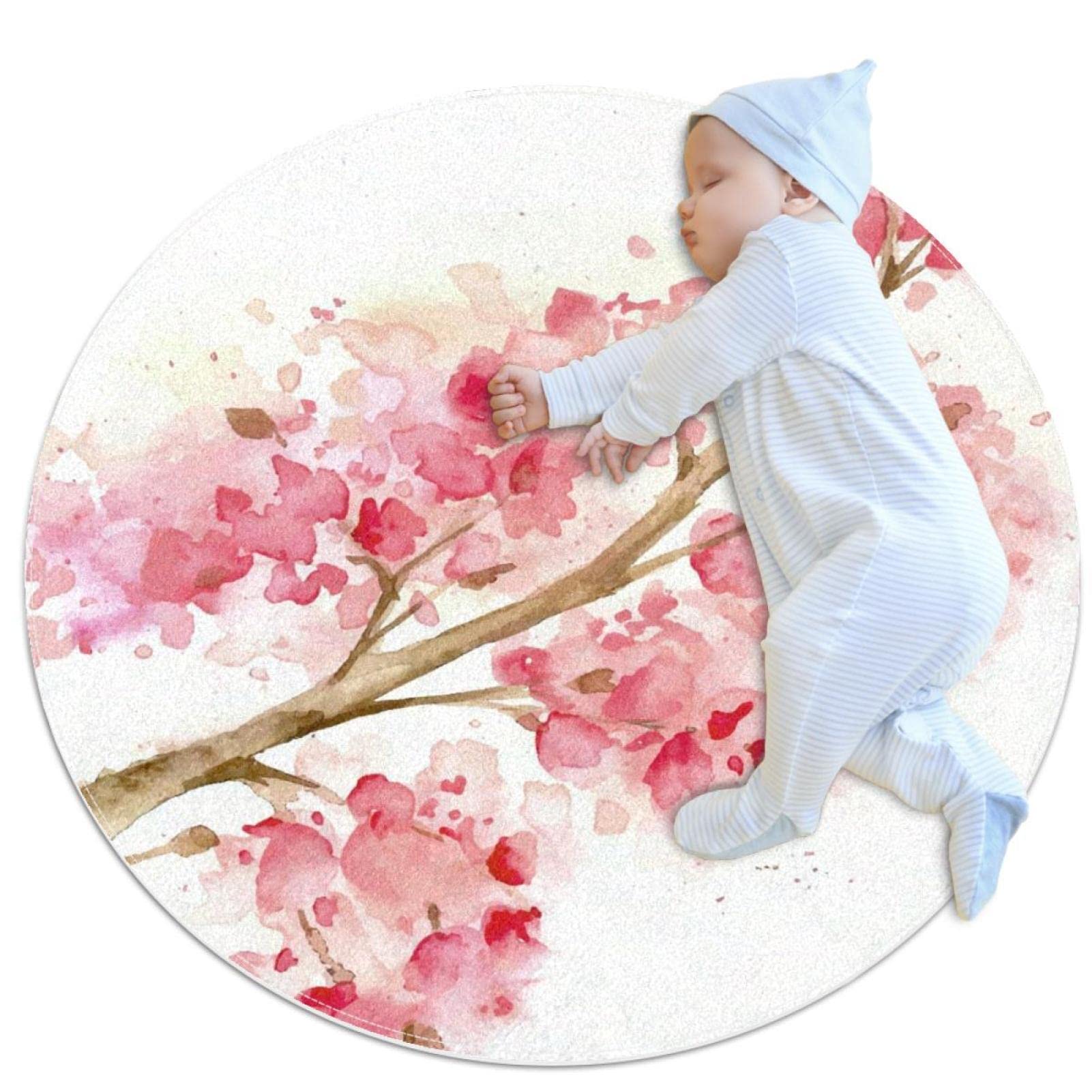 Tapis de salle de bain antidérapant rond 1m motif cerisier aquarelle
