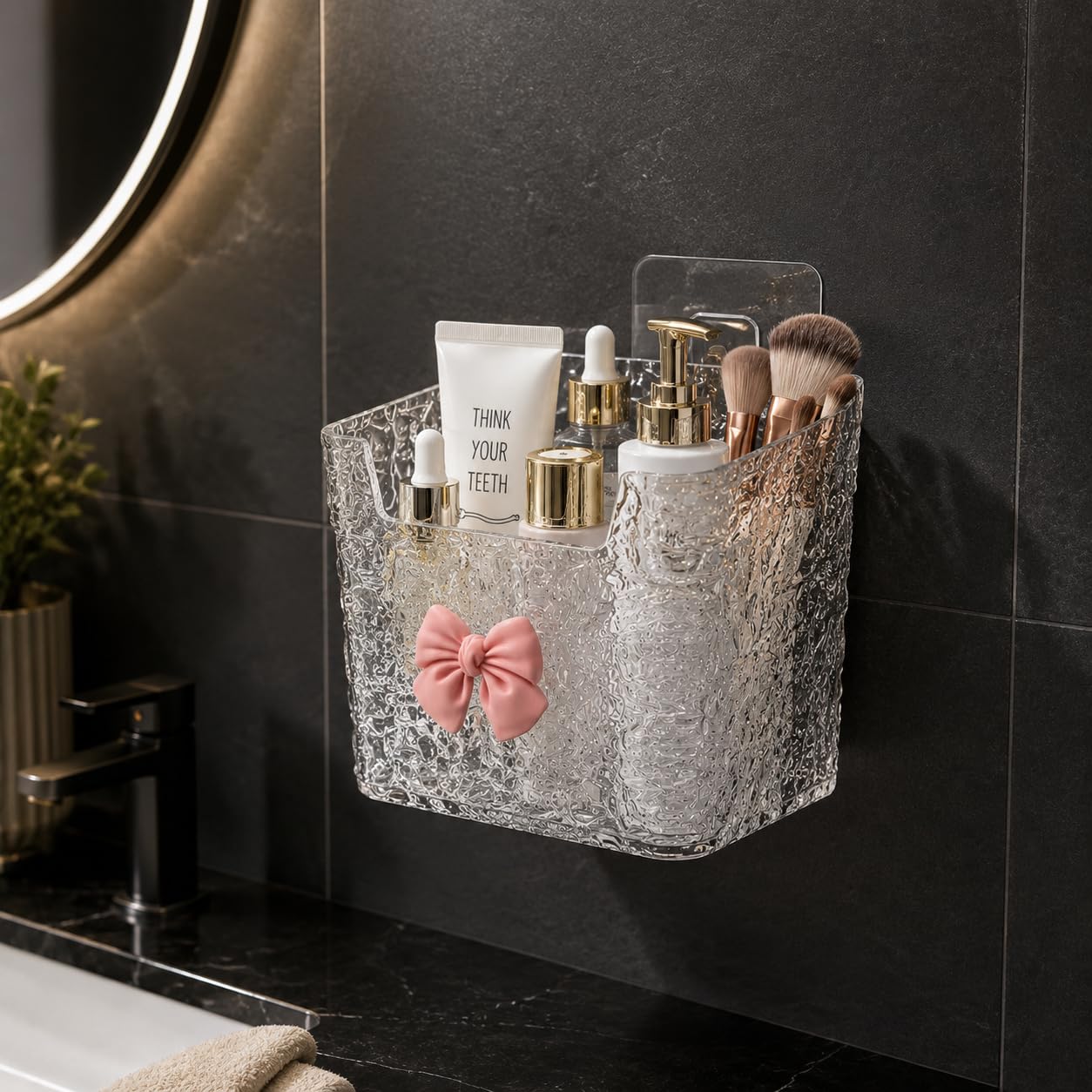 HEMKET Wall Mounted Bathroom Organizer Basket with Adhesive Hook | Transparent Acrylic Storage Holder for Toothbrush, Makeup Brushes, Skincare & Bathroom Accessories | Premium Crystal Clear Design-image-2