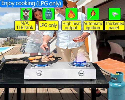 Miniatura 3 de Estufa de propano de 2 quemadores, quemador de propano de encendido automático, estufa de gas de 26000 BTU con manguera CSA LPG para exteriores,