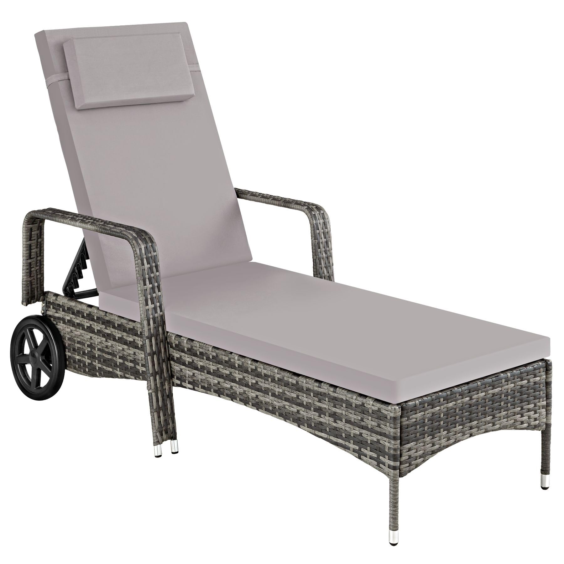 TecTake 801041 Tumbona de ratán y Aluminio para jardín, Asiento de ratán sintético para terraza con Ruedas y Respaldo Ajustable, Mobiliario de Exterior para Piscina (Gris)