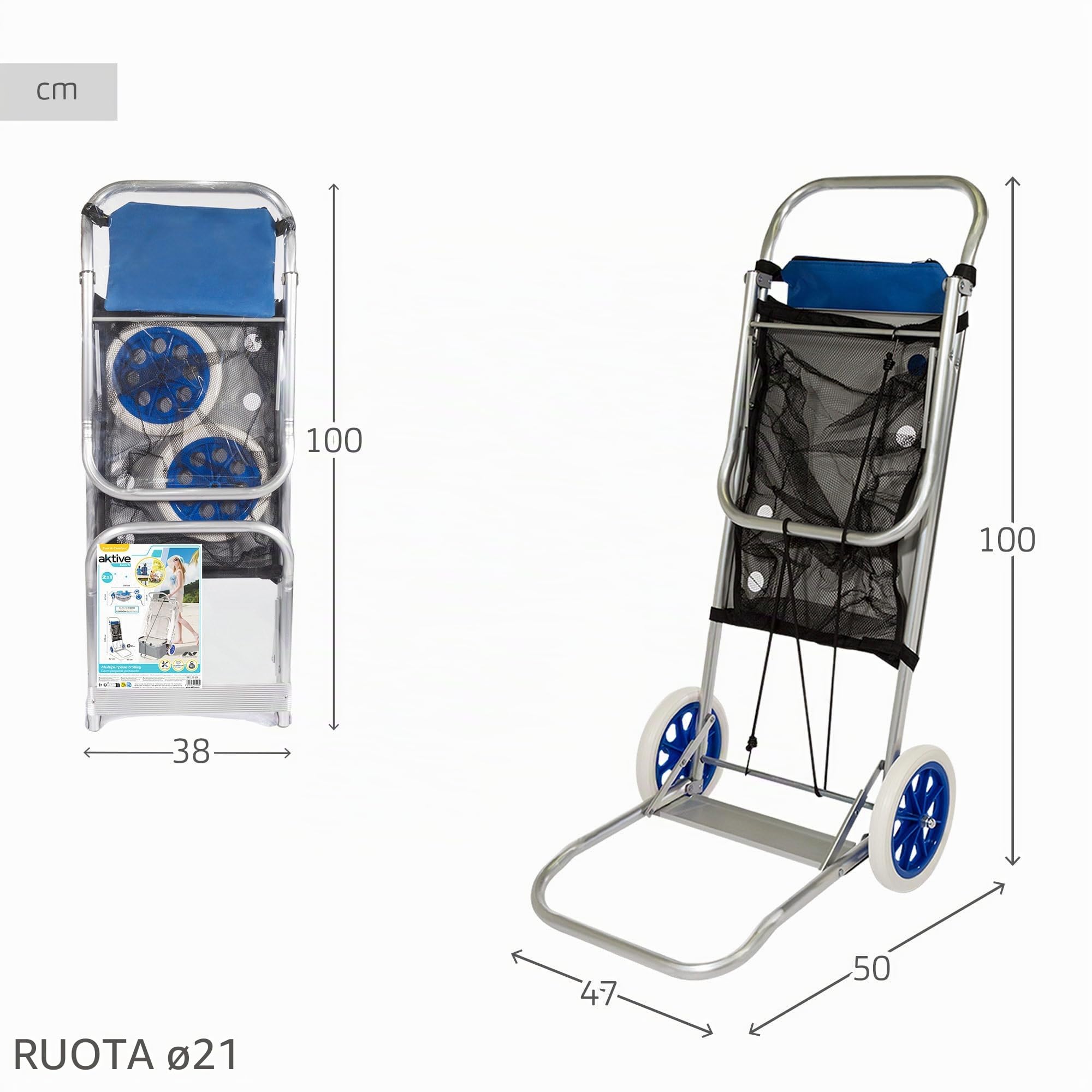 Aktive 53928 - Carrello da spiaggia pieghevole trasformabile in tavolo 2 in 1, Misure 47x52x100 cm, Peso massimo 20 kg, Custodia multiuso per spiaggia, campeggio, eventi