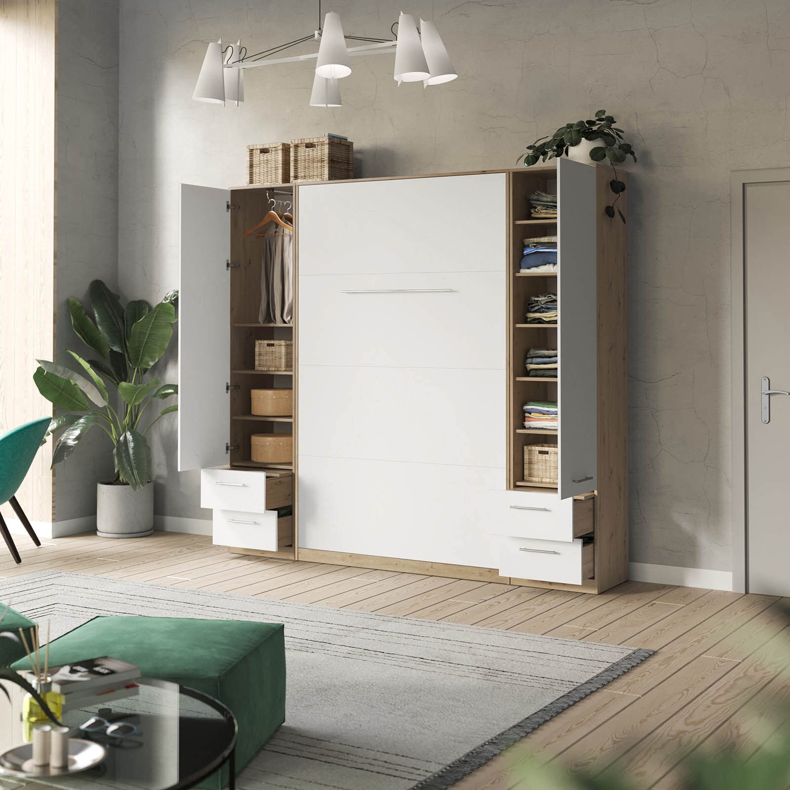 SMARTBett Juego de pared con cama de armario estándar, 140 x 200 cm, vertical, 2 x 50 armarios, roble salvaje, blanco
