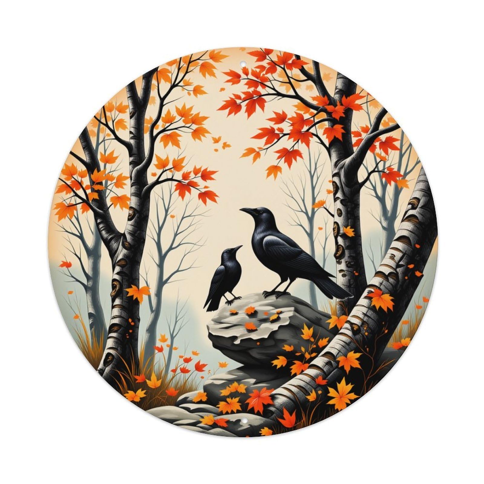 Autumn Trees Crows Leaves Rock Metal Tin Sign Plaque