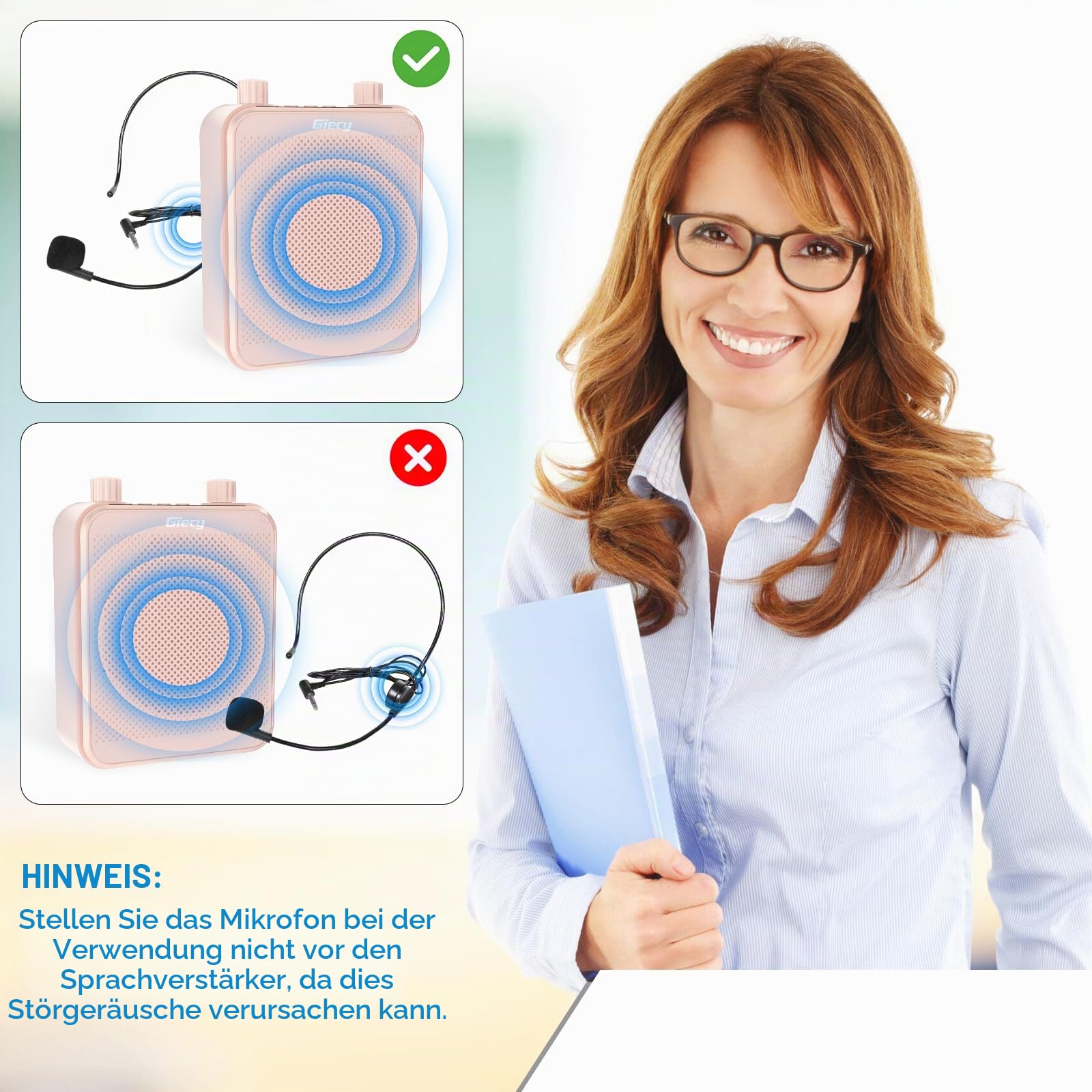 Sprachverstärker tragbar mit 7.4V/2800mAh Lithium Batterie und mikrofon Headset,Wiederaufladbares Mini Stimmverstärker für Trainer Lehrer Reiseführer Tagungen (Roségold)