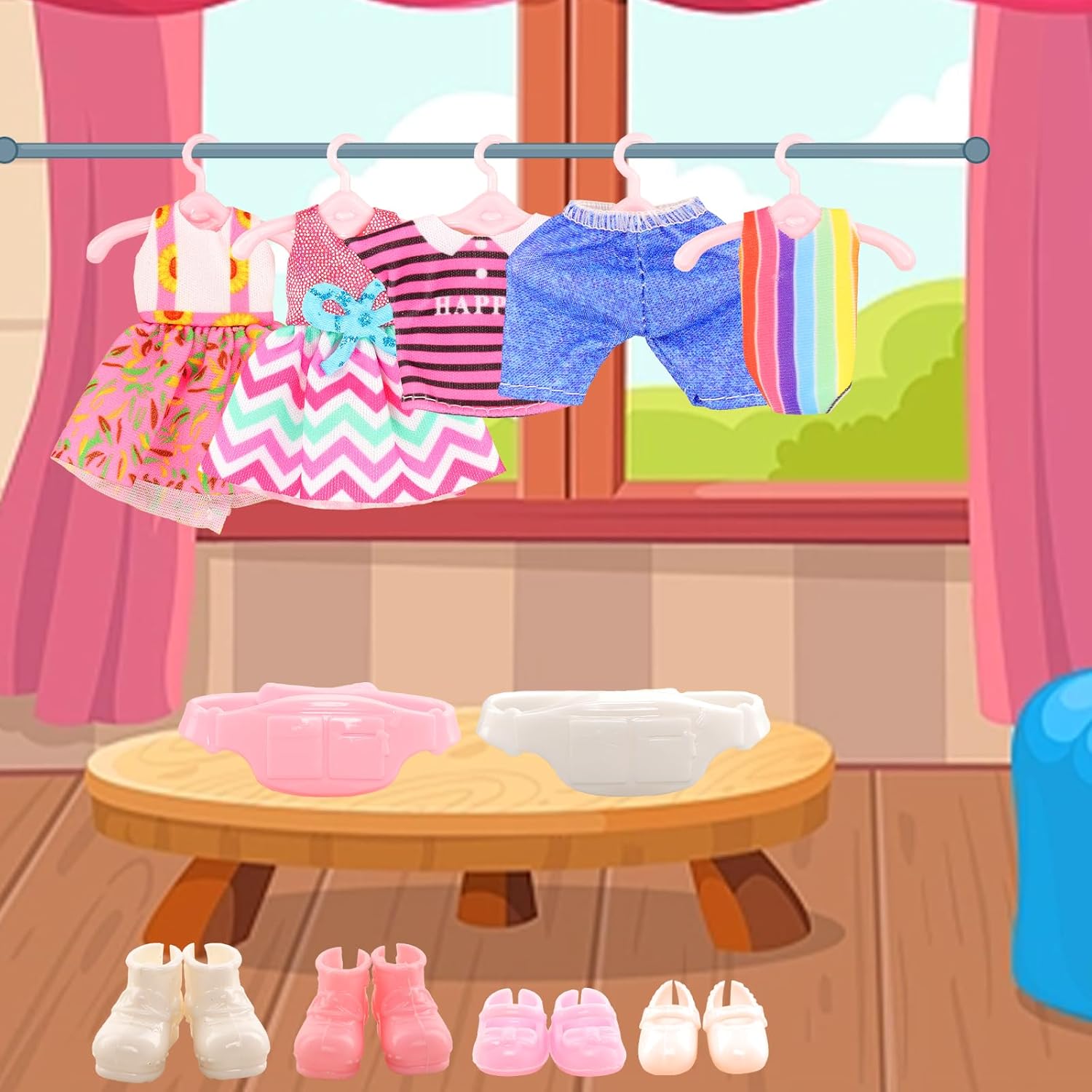 34 Pack for 5.3 Inch Dolls Clothes & Accessories Including 4 Dresses, 4 Tops, 4 Pants, 4 Swimsuits, 4 Shoes, 2 Pockets, 2 Hats, 5 Hangers with 9 Accessories for 5.3 - 6 Inch Dolls Clothing Set