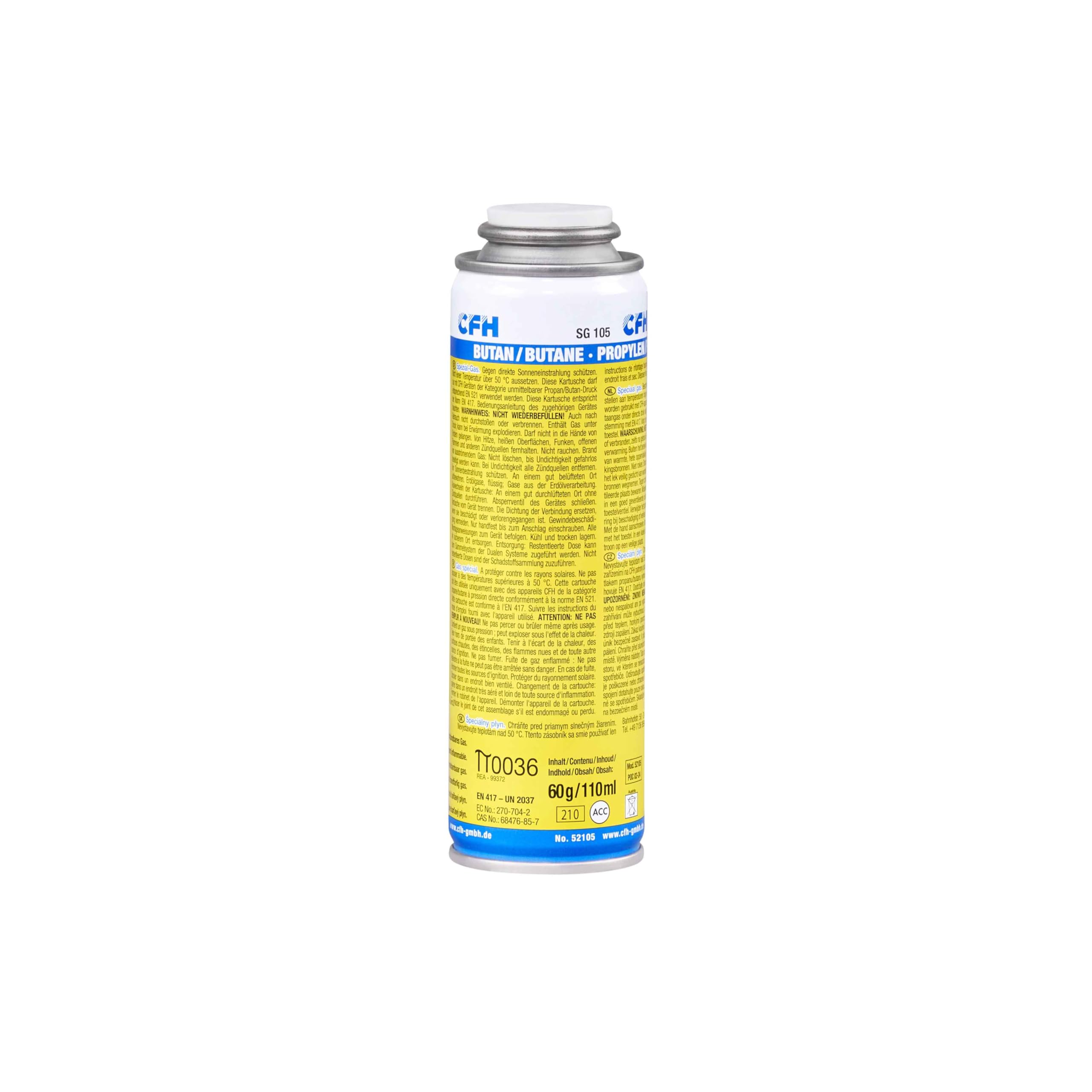 CFH Spezial‑Gas SG 105 – Gaskartusche 60 g/110 ml, Butan/Propylen/Propan, 7/16"-28 UNEF nach DIN EN 417, für Lötgeräte & Brenner, mit Schaumstoffeinlage