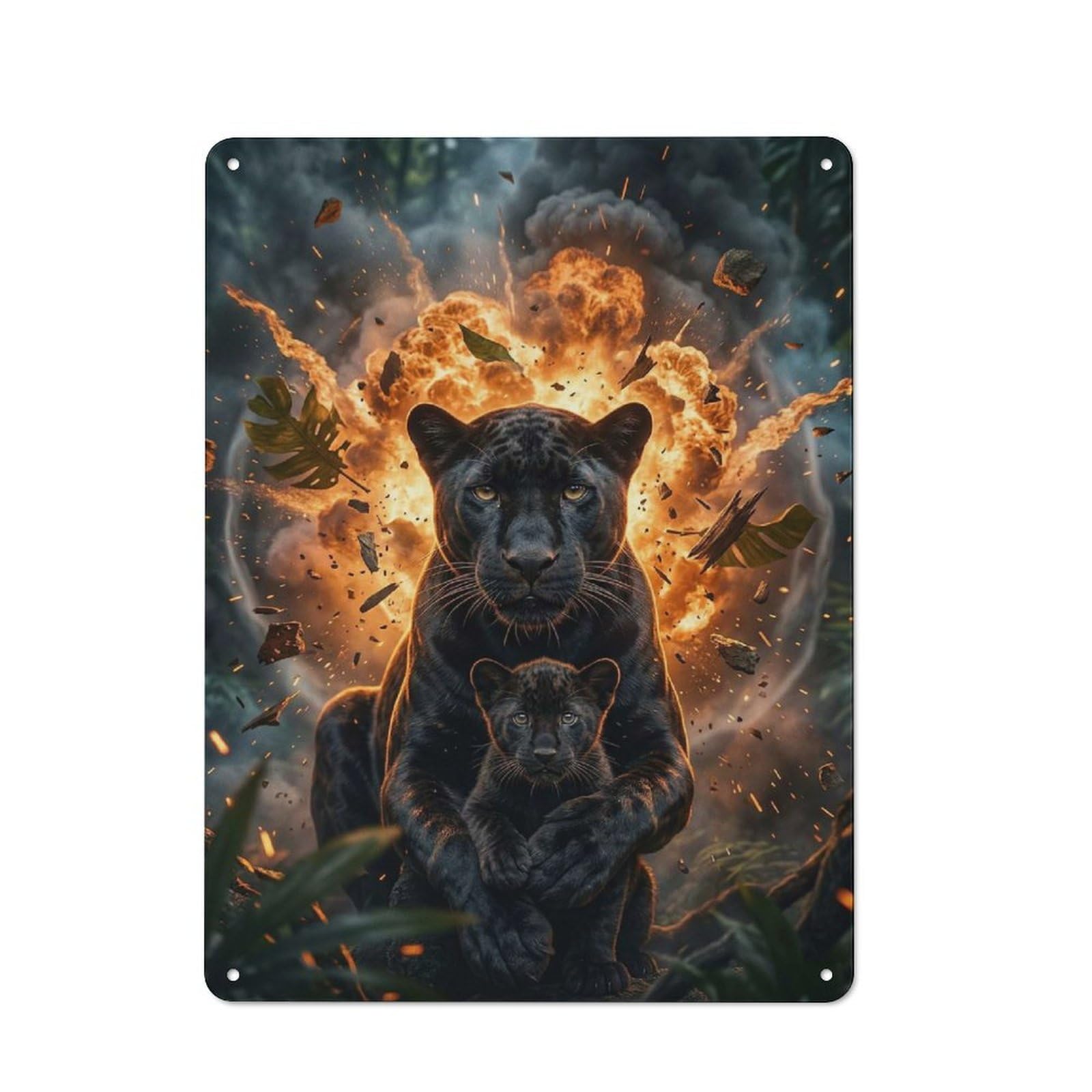 Junmoney Style-8 Retro-Style Tin Sign 40X30cm Featuring Black Panther Mother And Cub In Jungle Explosion For Hallway Wall, For Garage, Workshop And Man Cave Decoration