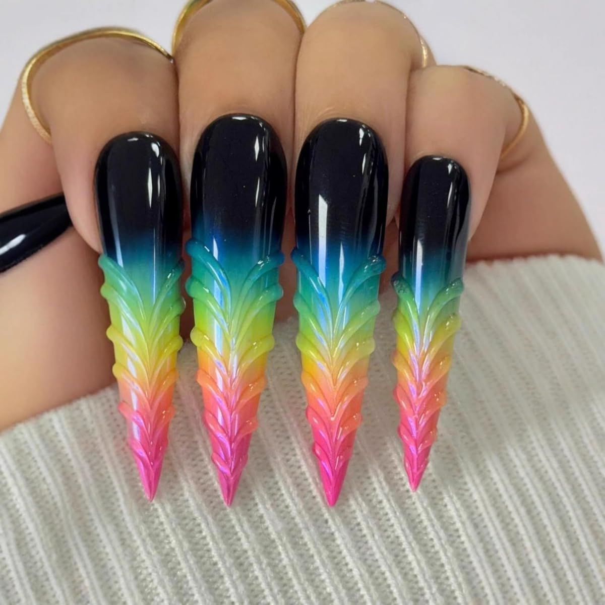 Long Stiletto Press on Nails Rainbow 3D Textured Ombre False Nails for Party Prom Manicure Art 24Pcs