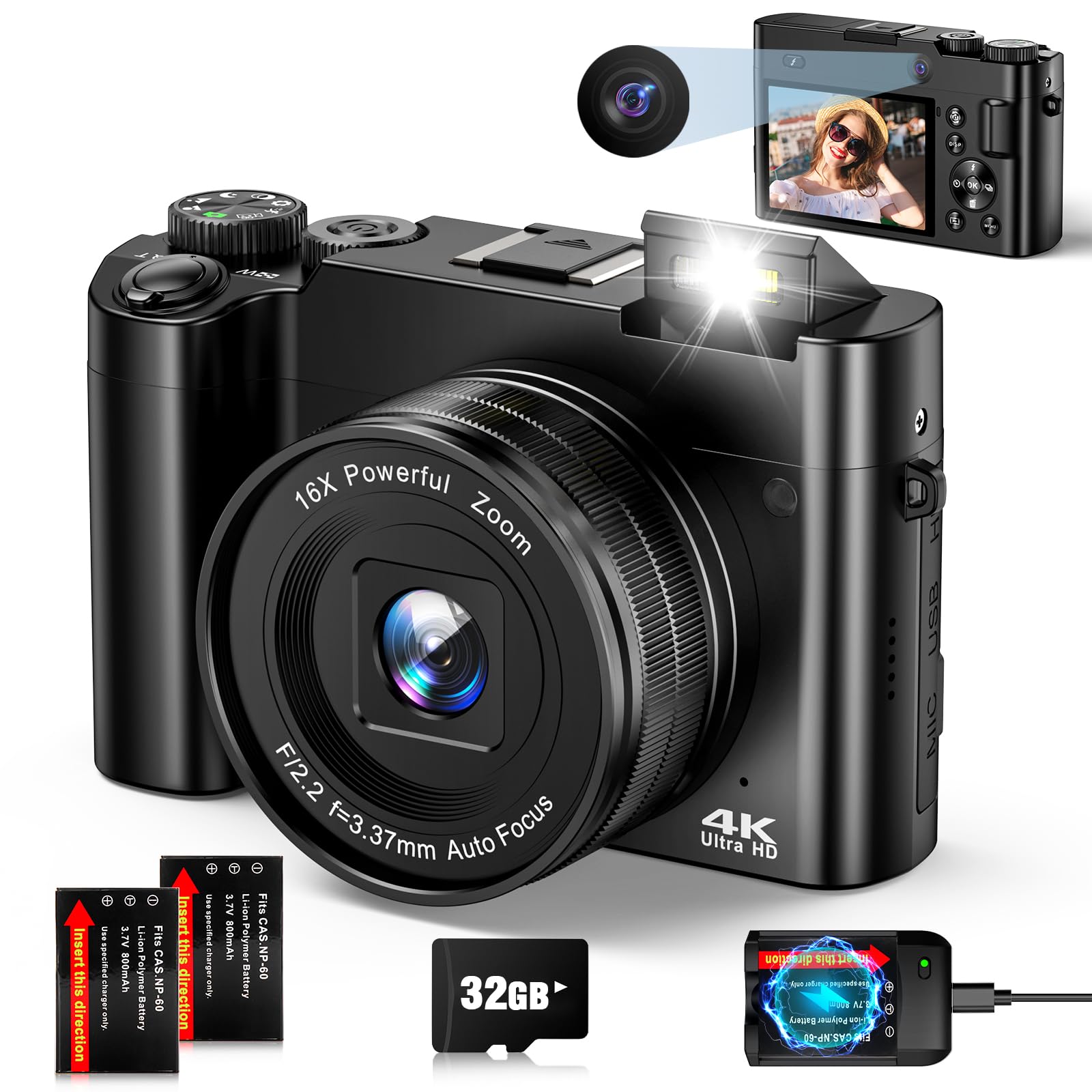 Fotocamera Digitale 4K 64MP Con Doppia Lente, Autofocus, Zoom 16X, 2 Batterie E Scheda 32GB – Per Principianti - 2