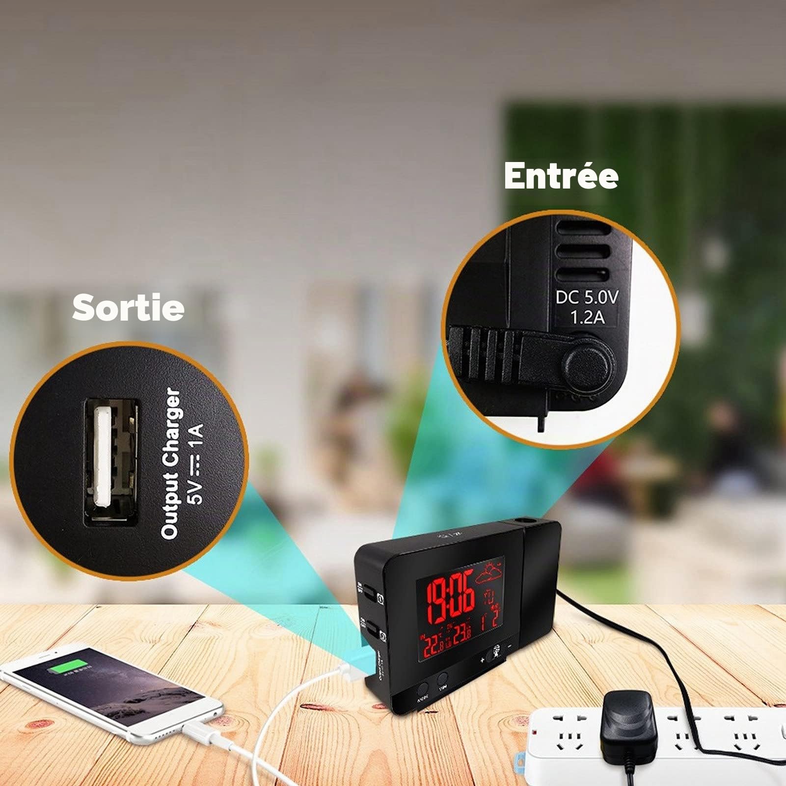AUNMAS Réveil à Projection Numérique Radio Reveil Projection Plafond avec Station Météo Thermomètre Fil Hygromètre de Jauge de Contrôle D'humidité de la Température avec Calendrier pour Chambres 230V