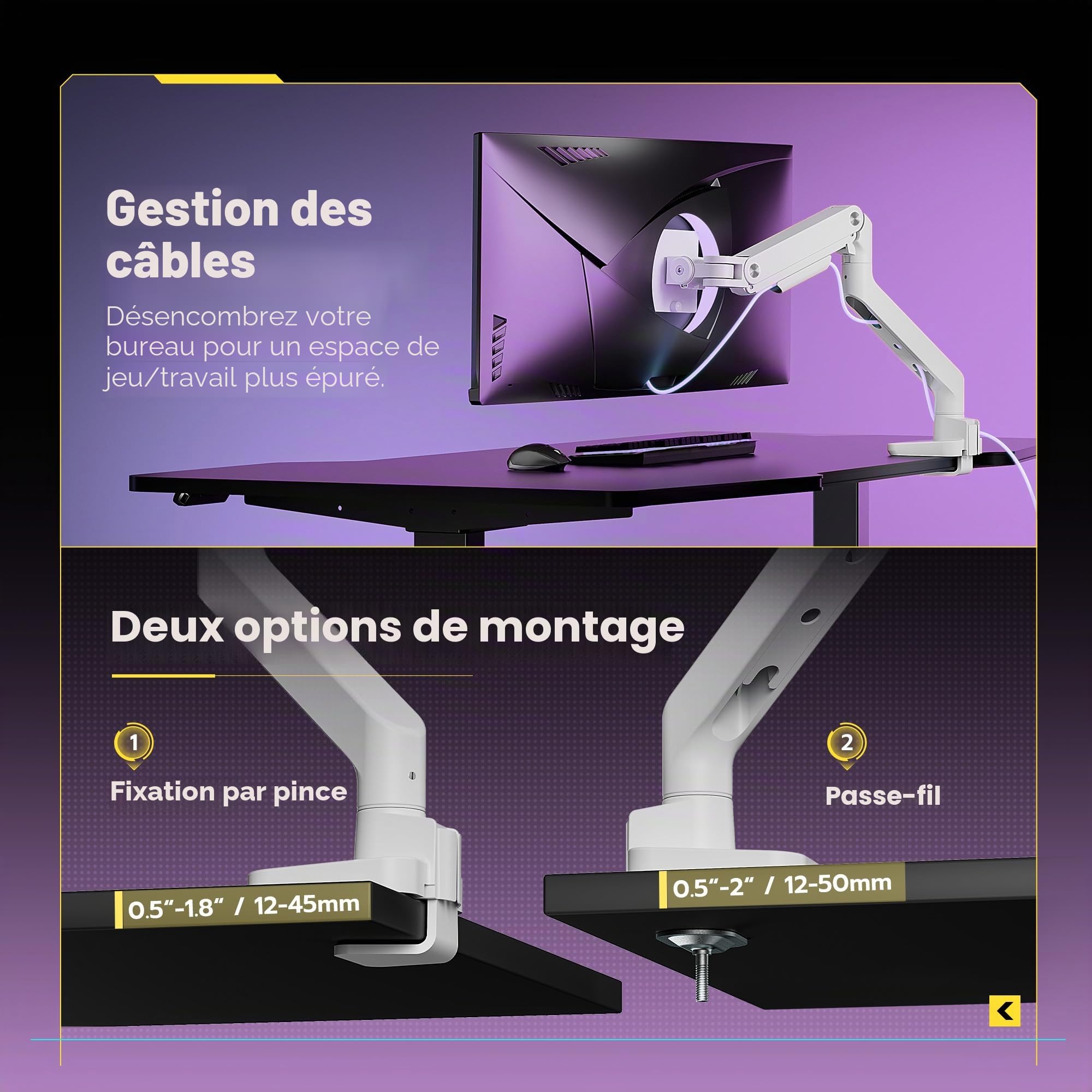ARES WING Support d'écran pour écrans plats et incurvés de 17-49", bras de moniteur charge max. 20 kg, support de bureau avec ressort à gaz, hauteur réglable, VESA 75/100 mm, blanc
