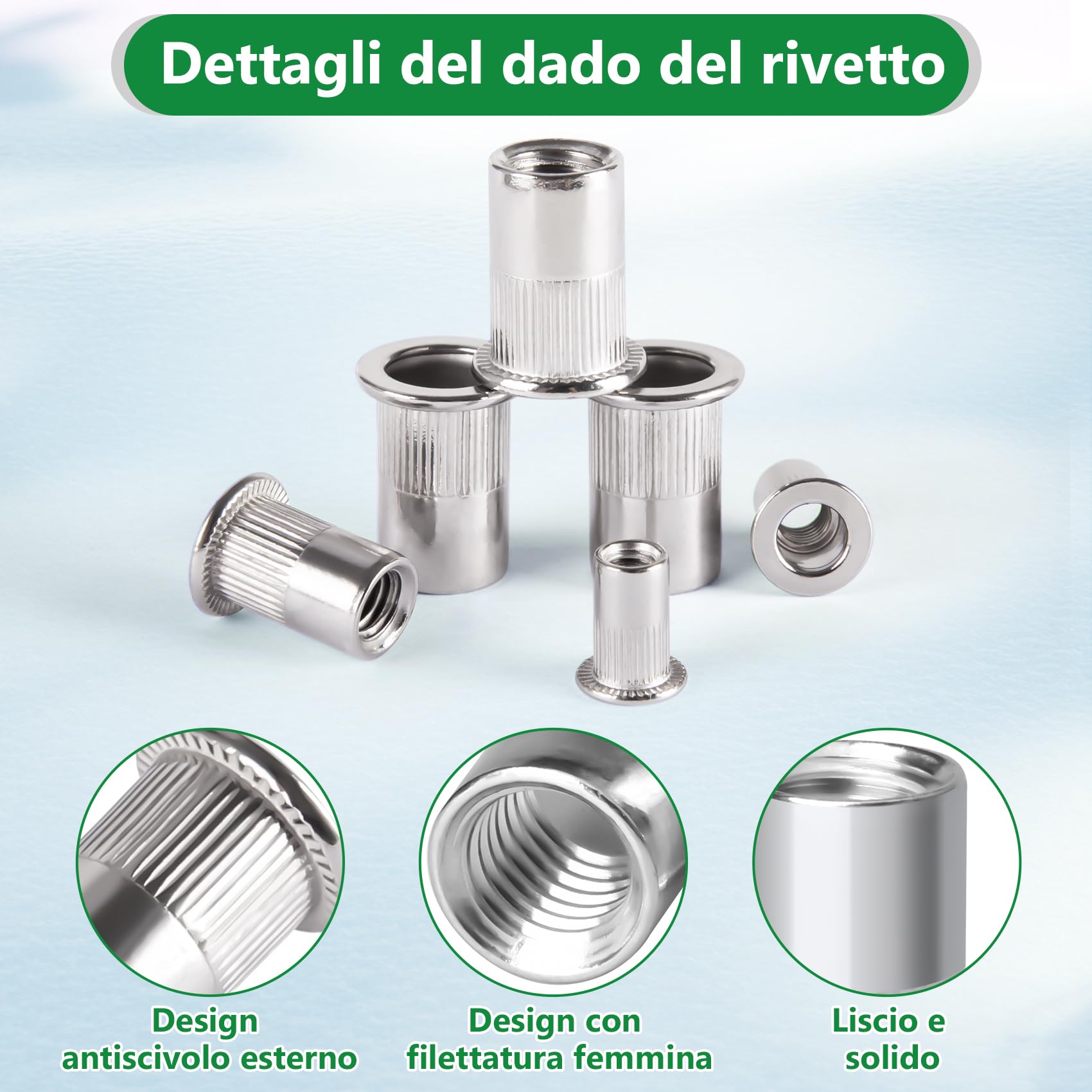 Dado per rivetto, 110 pezzi, filettato a testa 5 misure, M3 M4 M5 M6 M8 dado rivetto filettato, 304 in acciaio inox dado strumento piatto testa filettata rivetto Nutsert Cap per mobili auto