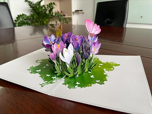 Miniatura 5 de ETA Tarjeta de felicitación desplegable 3D Flores de azafrán moradas en flor, arte de papel hecho a mano para cumpleaños, día de la madre,