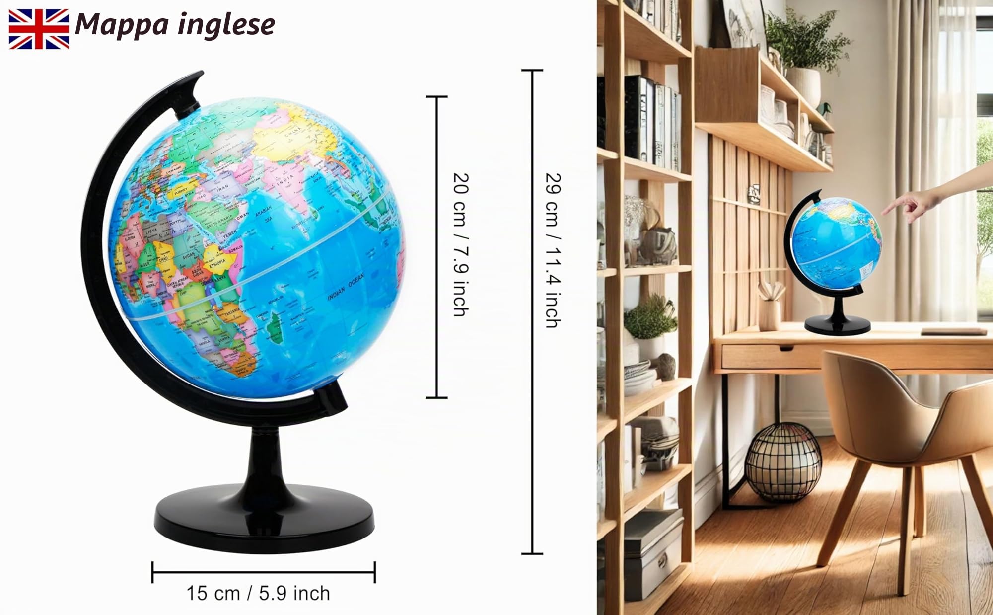 EXERZ 20cm Mappamondo - Mappa Inglese - Globo Della Scuola Educativa/Decorazione/Geografica - Mappa politica - Diametro 20cm