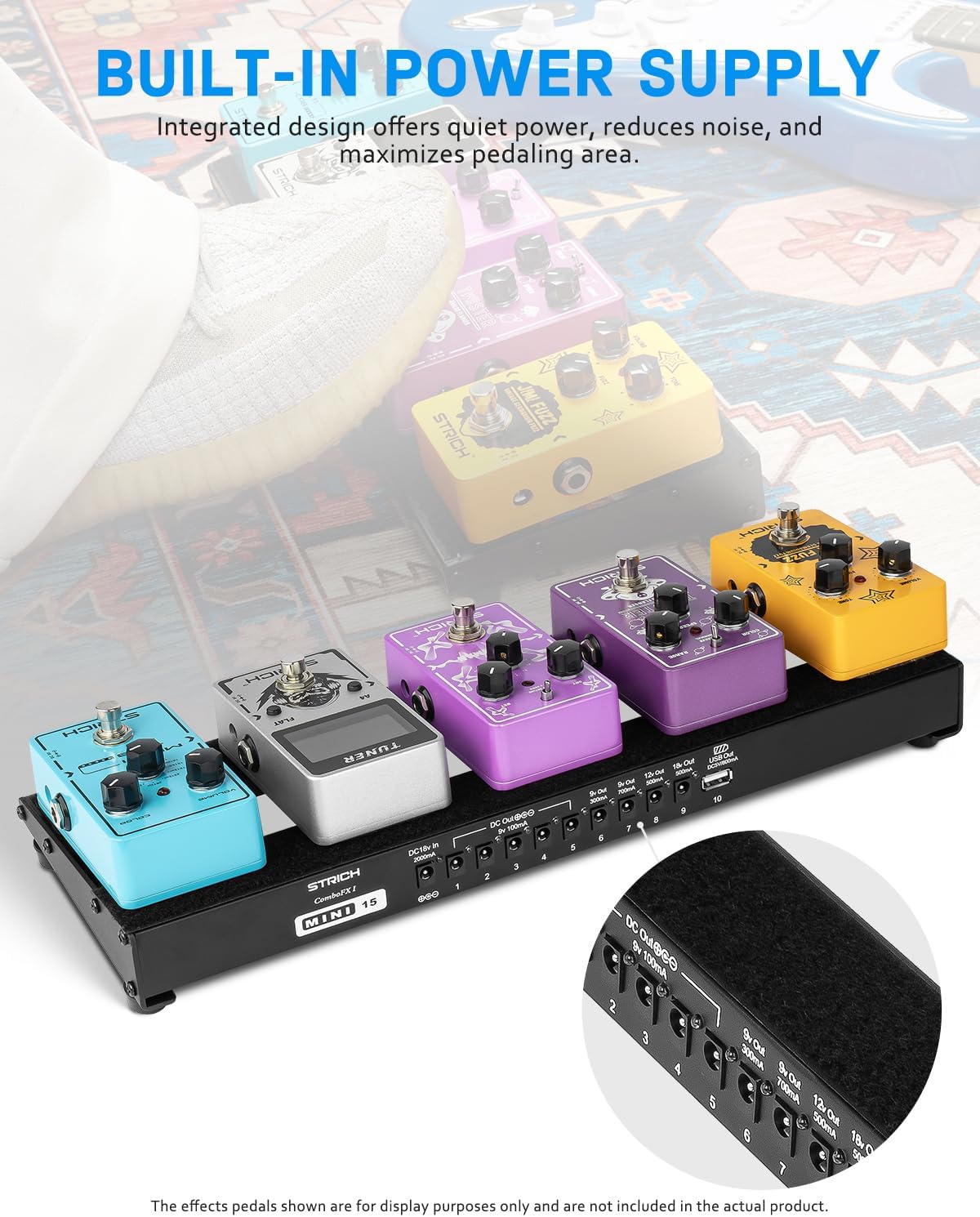 క్లోజ్-అప్ view of the STRICH pedal board showing the built-in power supply and various output ports.