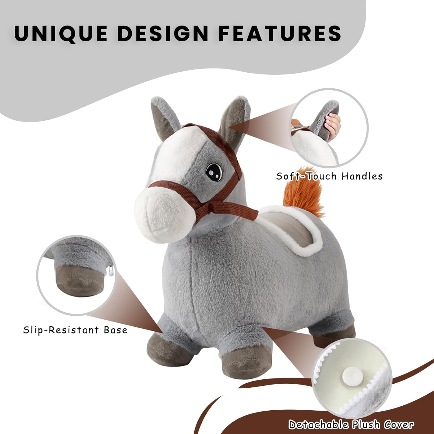 Hopper Toy 2 Year Old Boy, Toddler Plush Bounce Animals, Ride on Bouncing Plush Inflatable Horse, Outdoor Indoor Hopping Horse Bouncer, Birthday Gifts for 18m -5 Years Old Kid (Gray)