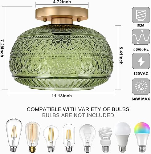Miniatura 3 de Lámpara de techo semiempotrada, 11 pulgadas, luces doradas vintage para pasillo con cristal verde para cocina, pasillo, baño y entrada, compatible