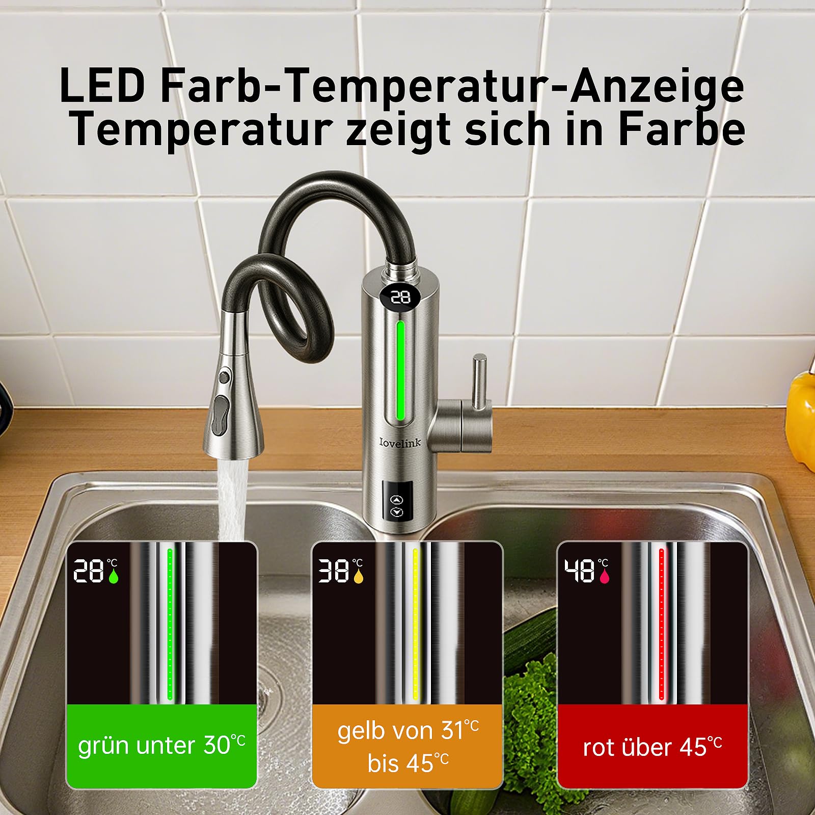 Lovelink Edelstahl Wasserhahn mit Durchlauferhitzer Touch-Temperaturregelung 360° Flexibler Schlauch Farbadaptiv LED Licht Elektrischer Durchlauferhitzer Wasserhahn für Küche/Bad/Balkon (Silber)